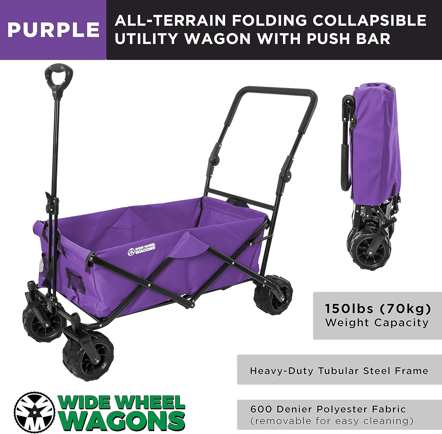 Purple Wide Wheel Wagon All-Terrain Folding Collapsible Utility Wagon with Push Bar - Portable Rolling Heavy Duty 150 Lbs Capacity Canvas Fabric Cart Buggy - Beach, Garden, Sporting Events, Park : Patio, Lawn & Garden