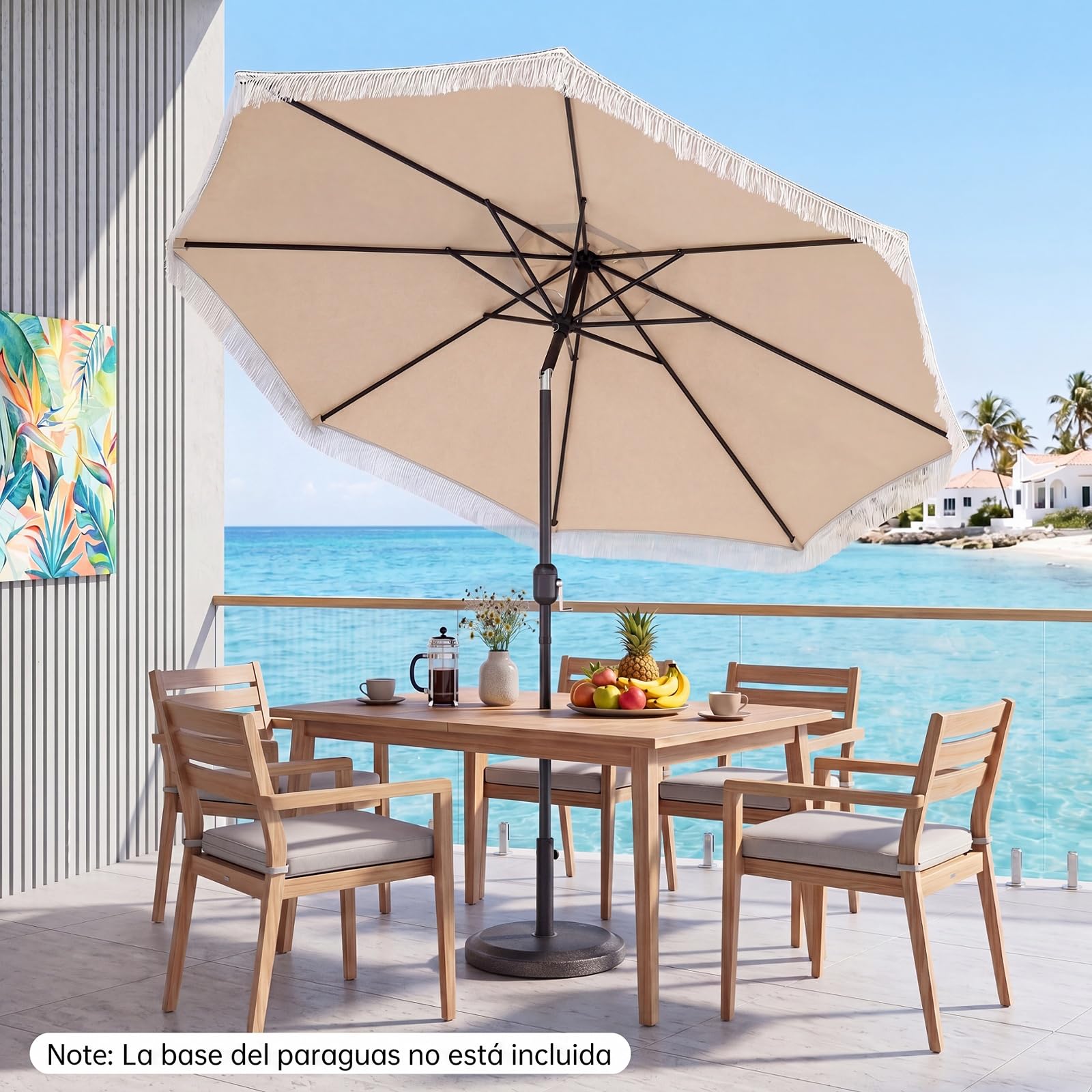 COSTWAY 270 cm Sombrilla Terraza Exterior, Parasol Reclinable de Jardín con Inclinación Bidireccional de 30°, 8 Varillas Metálicas, Manivela y Volantes/Flecos Decorativos para Patio