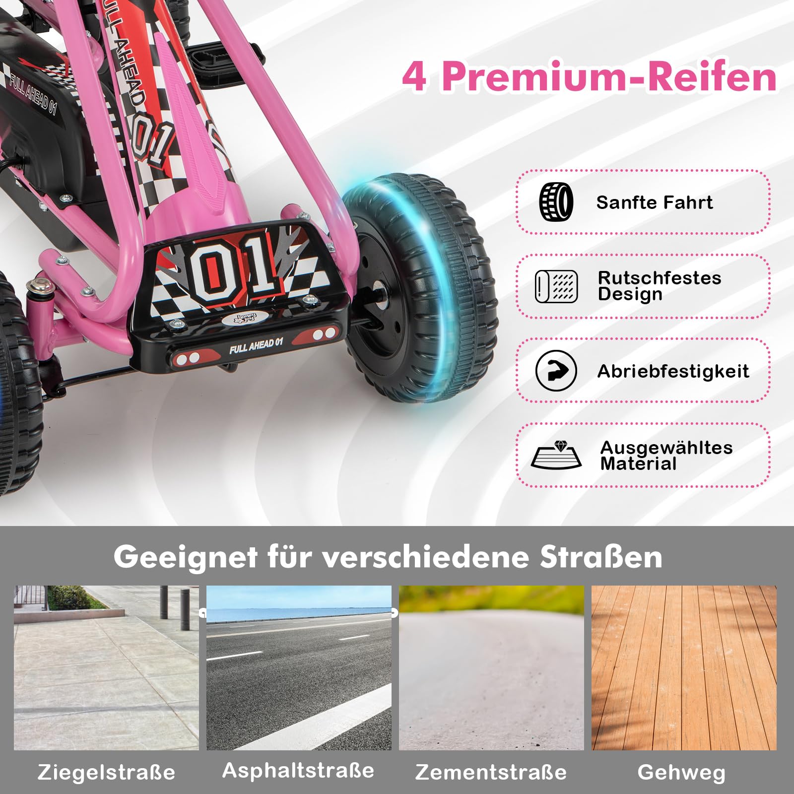 Kart à Pédale Enfant - DREAMADE - Siège Réglable - Charge Max 30KG - Rouge
