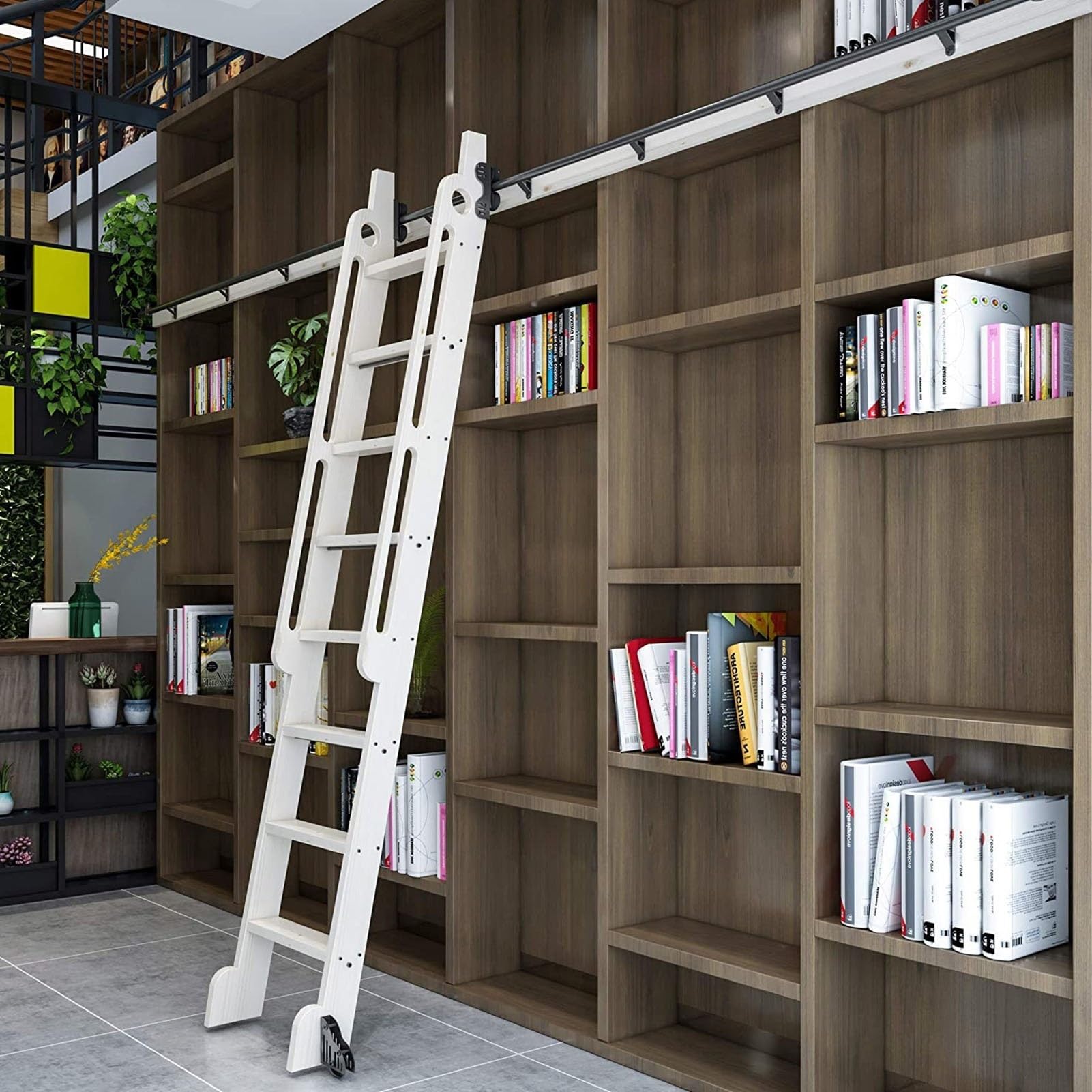 Scala da biblioteca rustica nera con rullo e freno, kit hardware per binari da pavimento per interni Boohelves mobili accessori per la casa