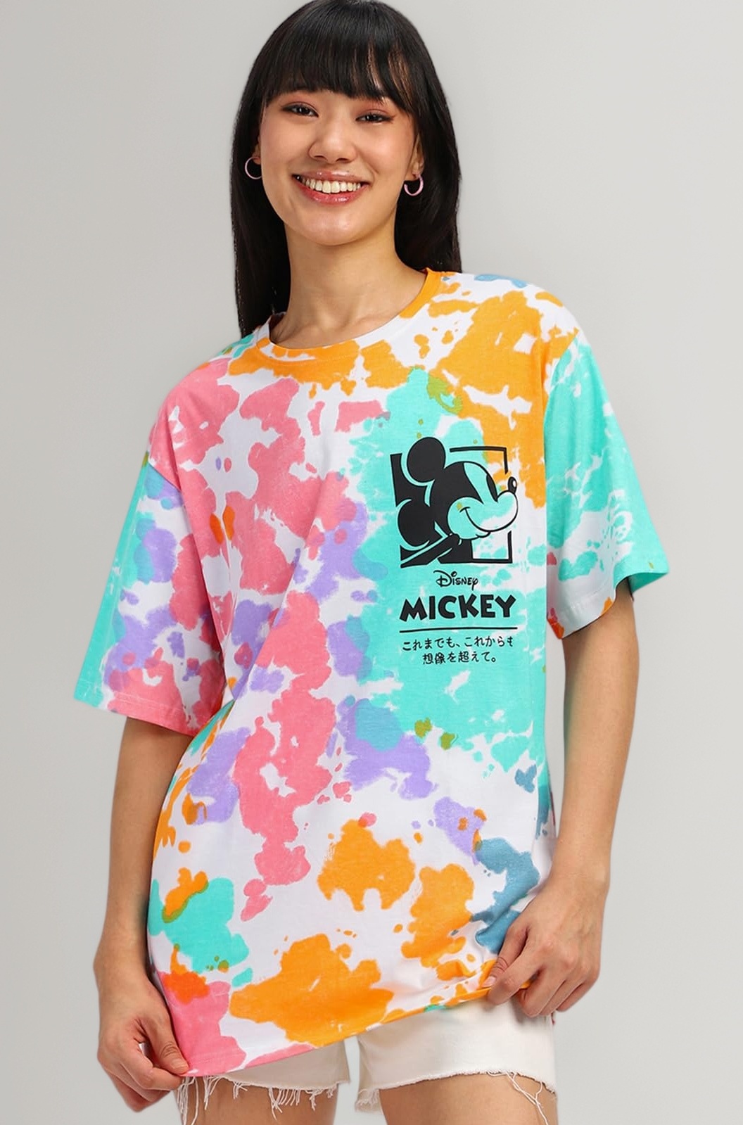 100% Pure Cotton Multicolour Tie-Dye Official Disney Merchandise Oversized Cotton Crew Neck T-Shirt with Mickey Mouse Print for Women & Girls (Sizes: S to 2XL)