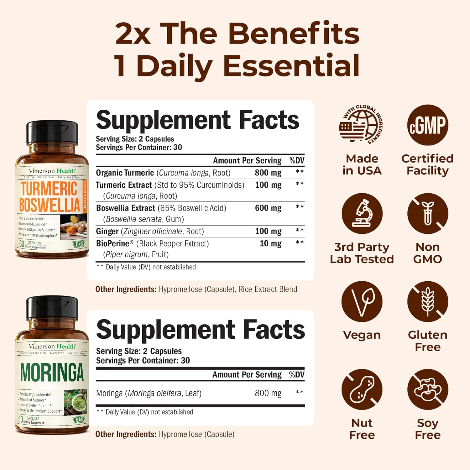 Boswellia Turmeric Curcumin Supplement + Moringa Capsules Bundle – Supports Joint Health, Balanced Energy & Healthy Metabolism – with Ginger Root, Organic Turmeric Powder and 100% Pure Moringa Powder