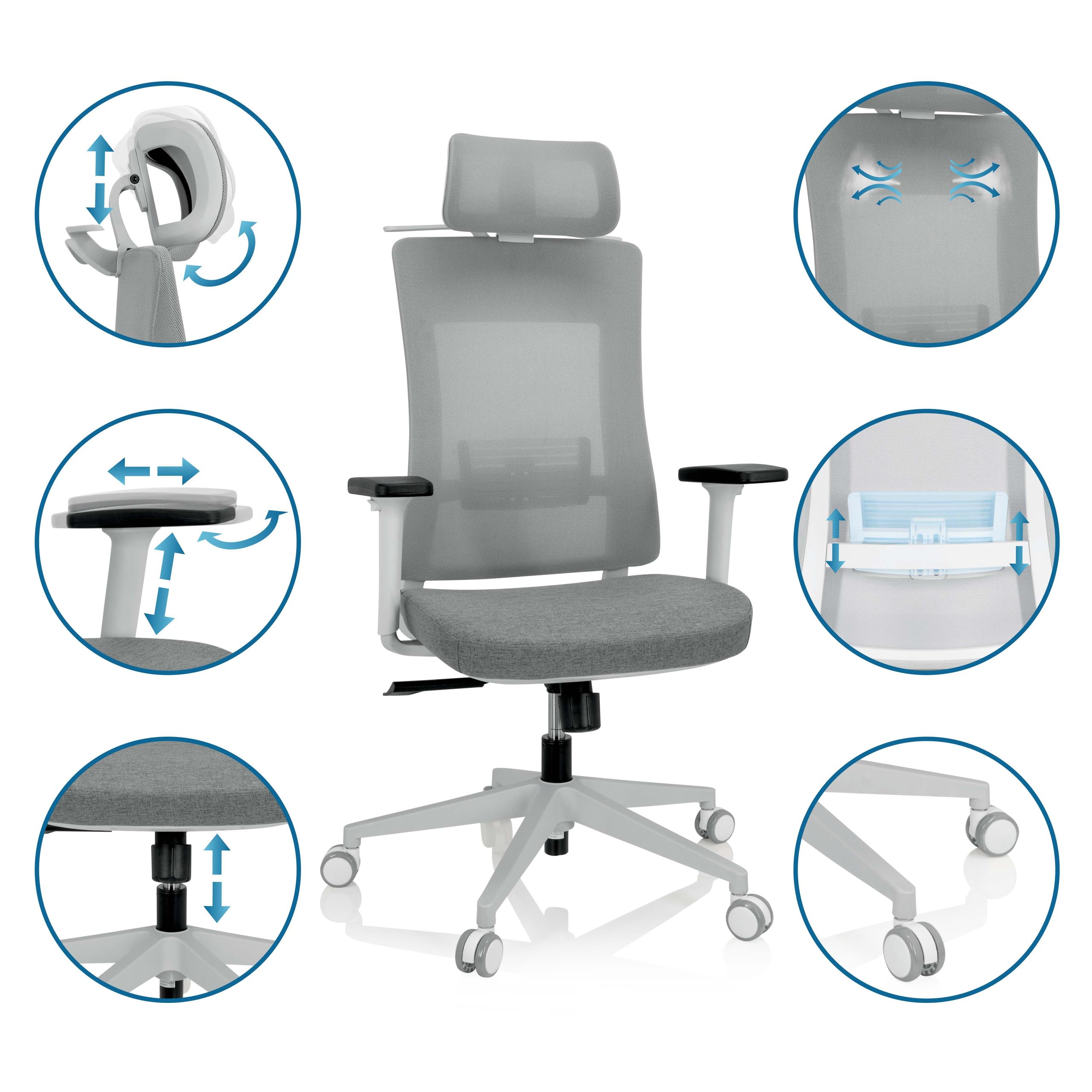 hjh OFFICE 810038 Comfio WMH ergonomiczne krzesło biurowe z regulowanym zagłówkiem lędźwiowym i zagłówkiem, materiał/siatka, kolor szary