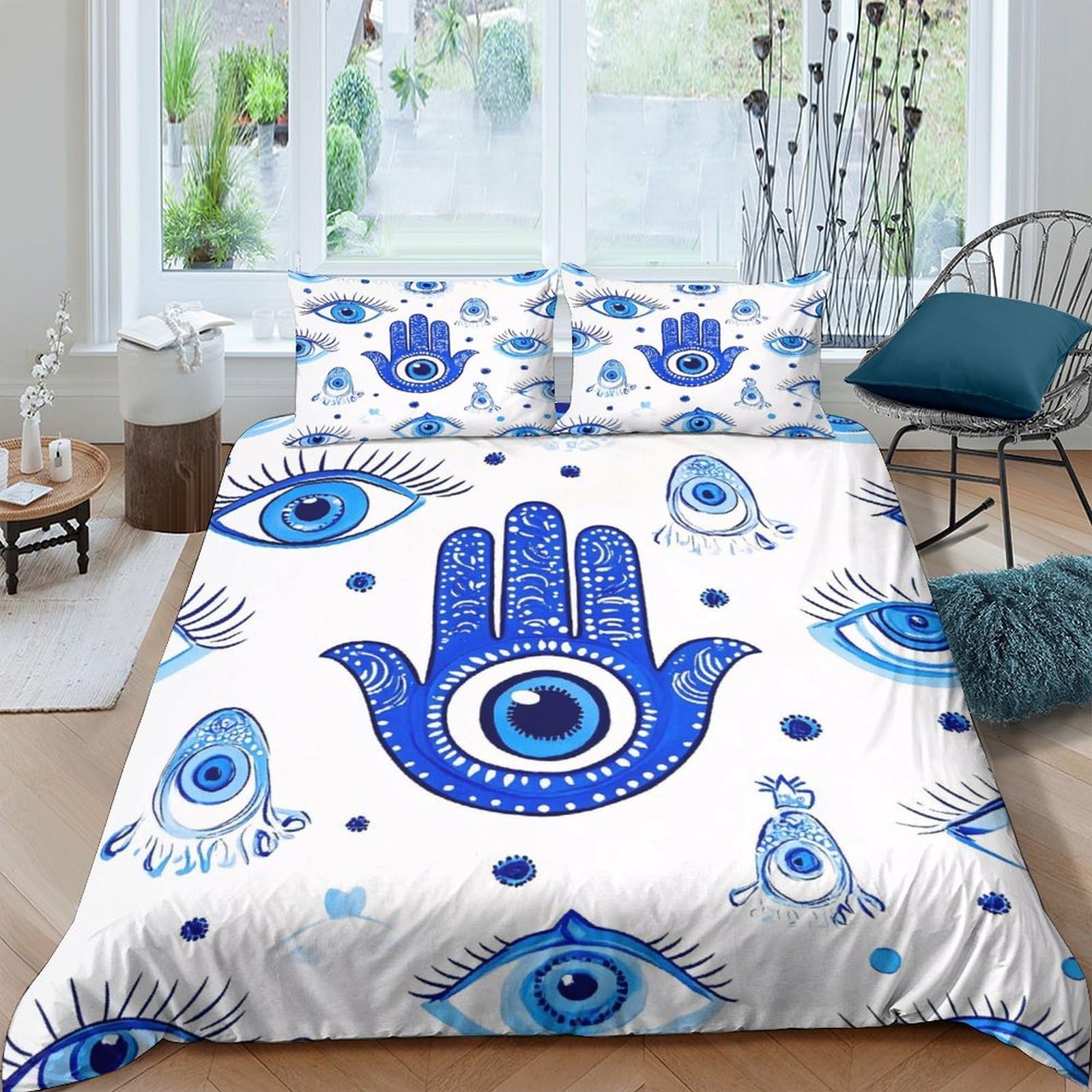 GPLZQXKJNH 3D Printed Blue Hamsa Hand Duvet Cover Microfiber Soft Evil Eye Quilt Cover Set with 2 Pillowcases for Bedroom Decor Single（135x200cm）