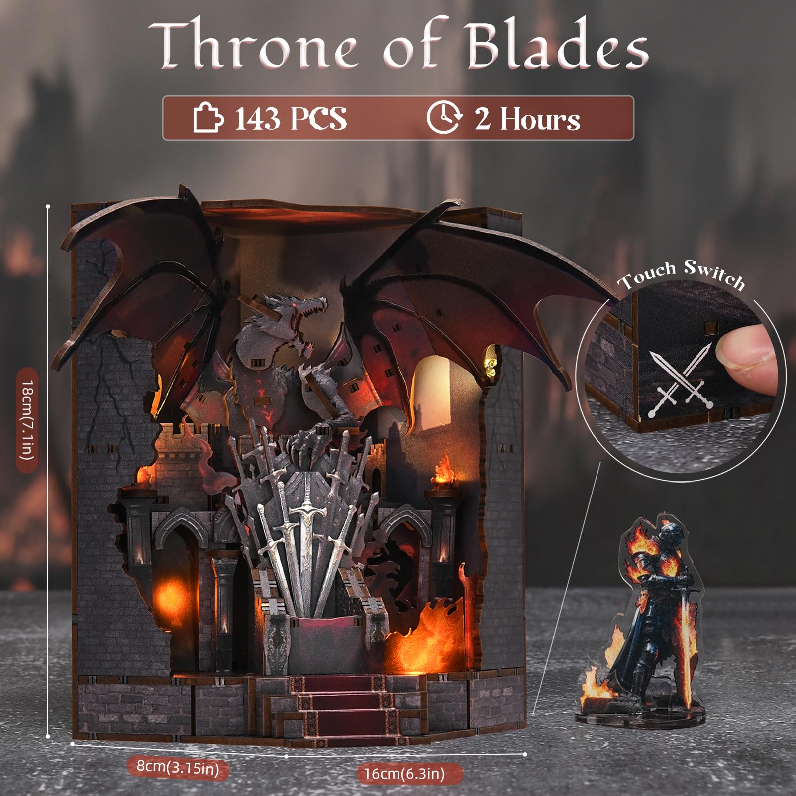 MiniCity Book Nook - Kit fai da te per la casa delle bambole fai da te, casa in miniatura, per adulti, con luce a LED, puzzle 3D e fermalibri, set di decorazione creativa per libri (Throne of Blade)