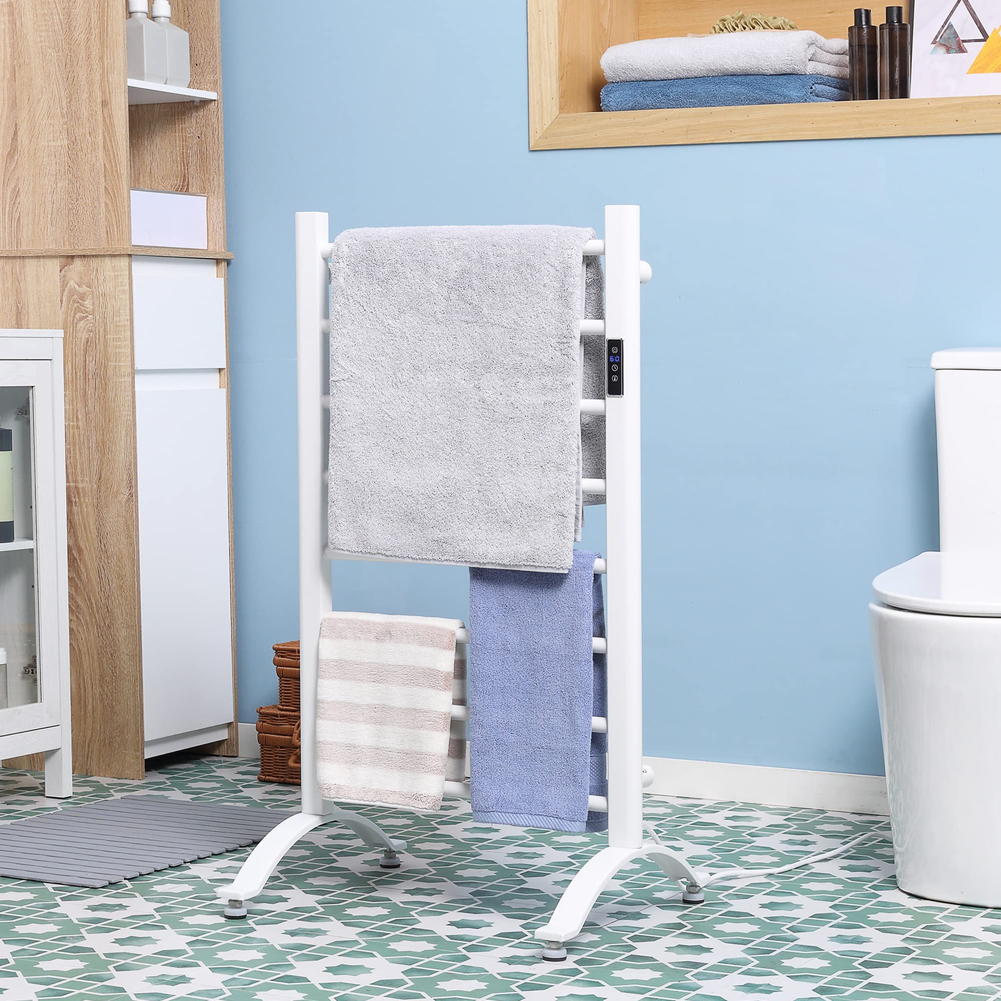 HOMCOM Scaldasalviette Elettrico a 8 Barre, Portasciugamani Riscaldato con Timer e Controllo Temperatura, in Acciaio al Carbonio, 50x45x90 cm, Bianco