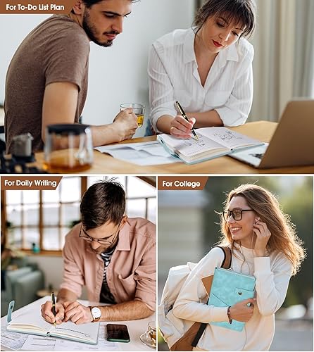 Miniatura 7 de Cuaderno de cuero rayado A5 para hombres y mujeres, diario de tapa dura de 5.9 x 8.4 pulgadas con bolígrafo, 200 páginas de papel rayado grueso de