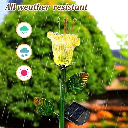 Miniatura 3 de Luces solares de estaca de flores, paquete de 2 estacas de metal alimentadas por energía solar, flor de lirio de vidrio amarillo, luces LED de