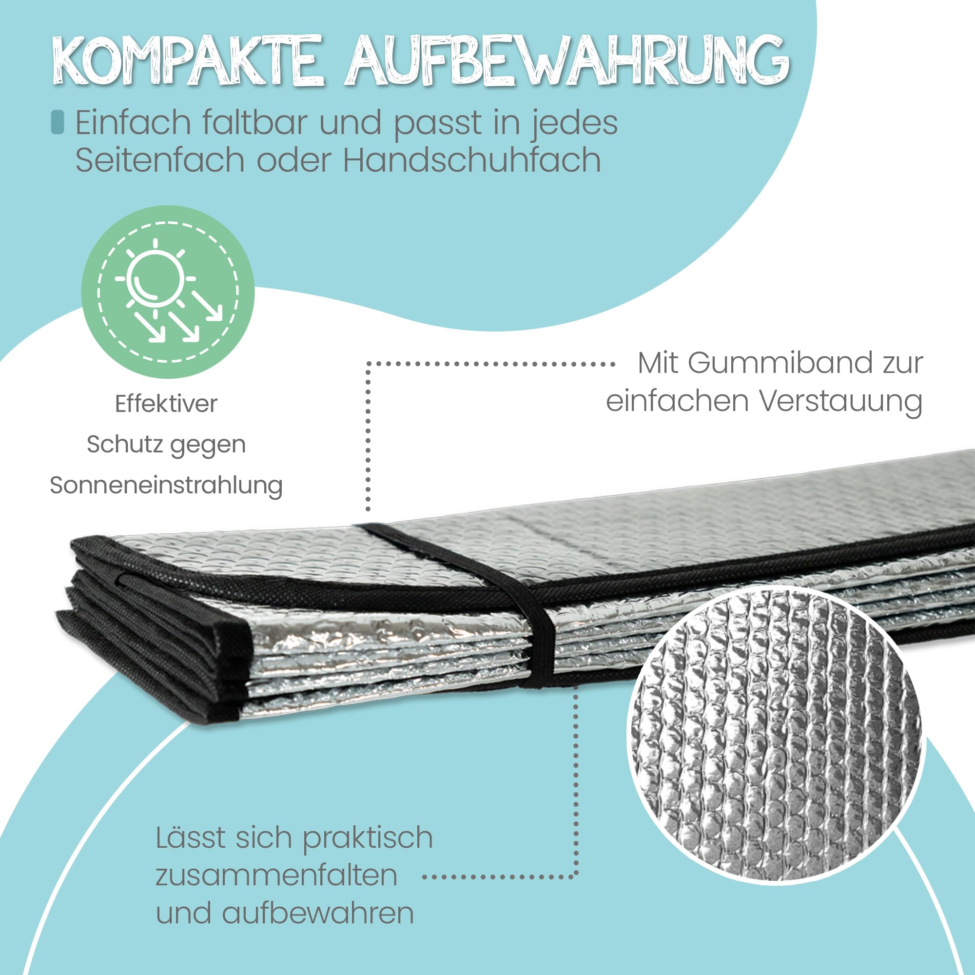 OK Cars Aluminiowa ochrona przed słońcem na przednią szybę samochodu – 130 x 70 cm – ochrona przed wysoką temperaturą samochodu – uniwersalna ochrona przed słońcem – składana szyba przeciwsłoneczna