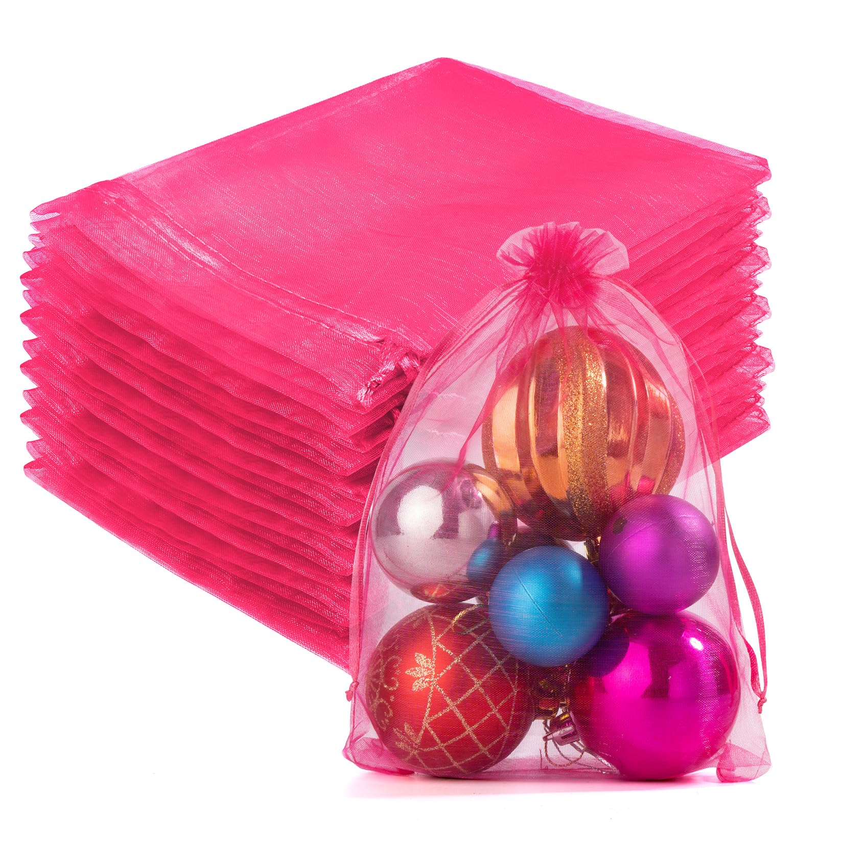 Crweety 50 Pcs Large Organza Bags 6x9, Hot Pink Small Gift Bags Drawstring