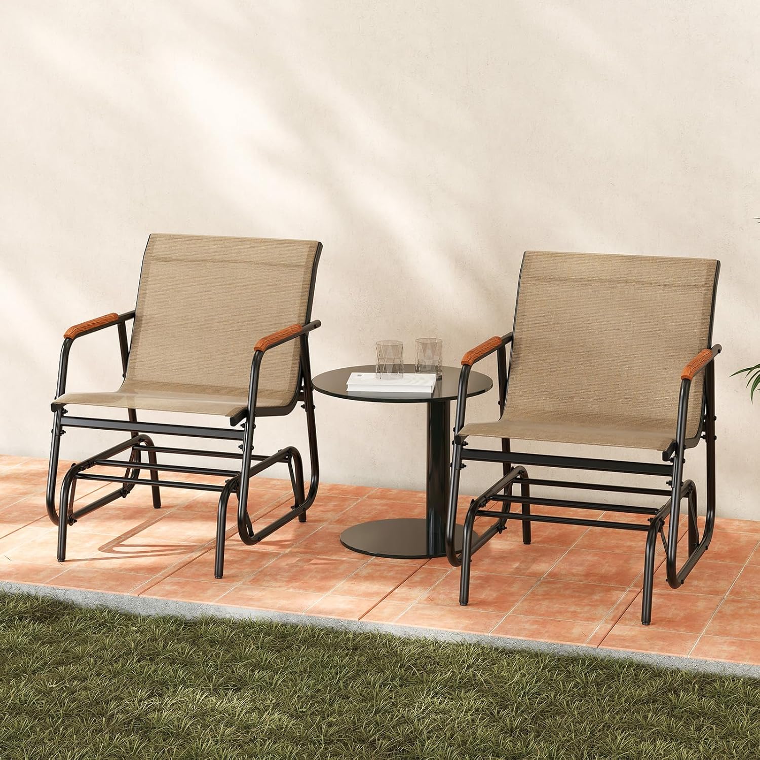 Giantex Outdoor Glider, Swing Rocking Chair with Breathable Fabric Seat, Curved Teak Wood Armrests and Metal Frame, Gliding Armchair, Patio Glider for Backyard, Garden, Porch, Balcony (2)