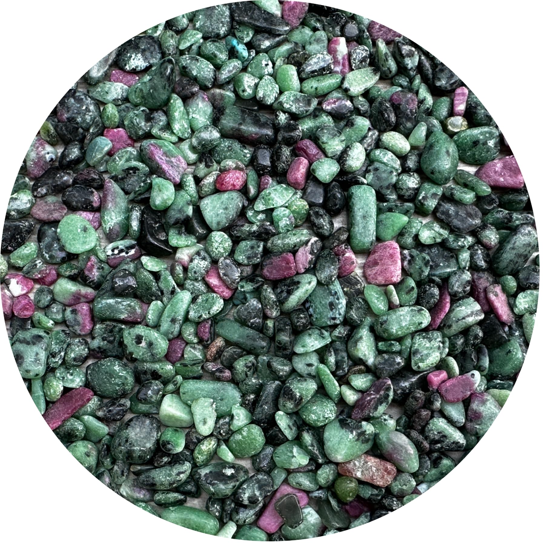GAF TREASURES 2 oz Lot Natural Semi Tumbled Gemstone Chips, Crushed Mini Crystals, Undrilled Crystal Chips (Ruby Zoisite)