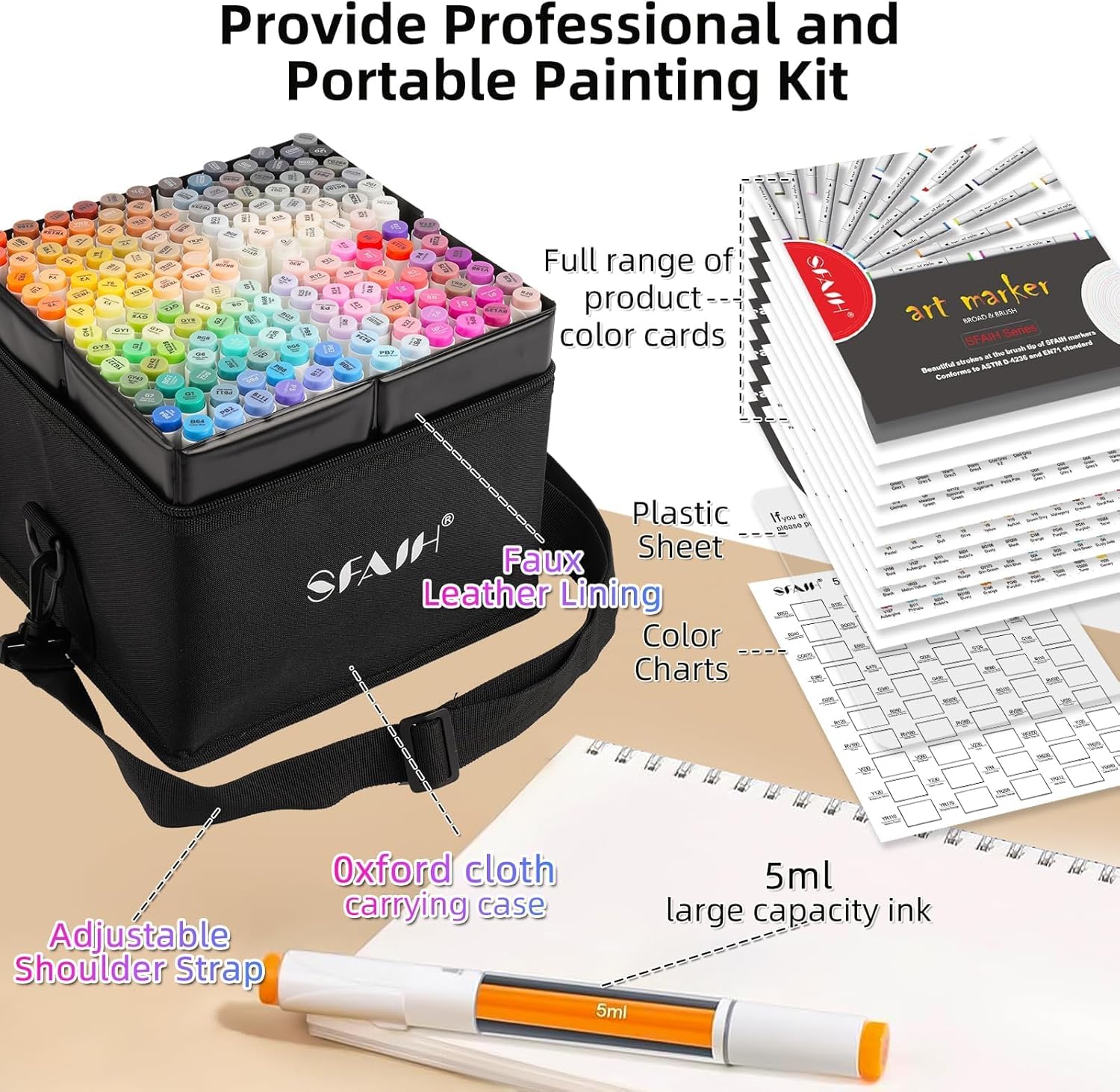 SFAIH Alcohol Markers Brush & Chisel - 168 Colors Double Tipped Art Markers for Adult Coloring Illustration, Gifts for Artist Adult - Adjustable Shoulder Strap & Faux Leather Lining & Outer Zip Pocket - Image 2