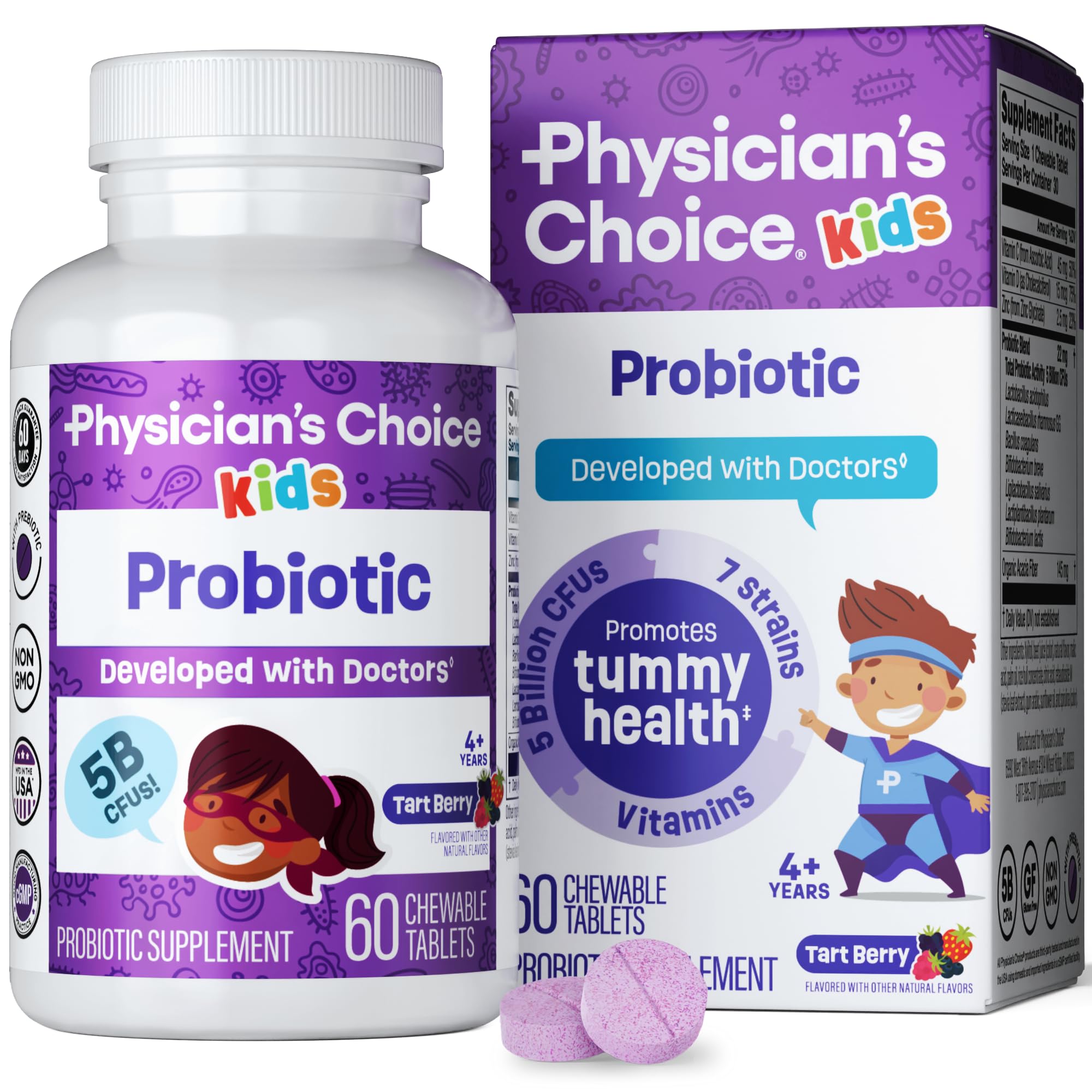 Physician's CHOICE Probiotics for Kids - 7 Diverse Strains, Organic Prebiotics, Vitamins & Minerals - Clinically Studied L. Rhamnosus - Immune & Digestive Support - No Sugar or Artificial Dyes - 60ct Tart Berry 60 Count (Pack of 1)
