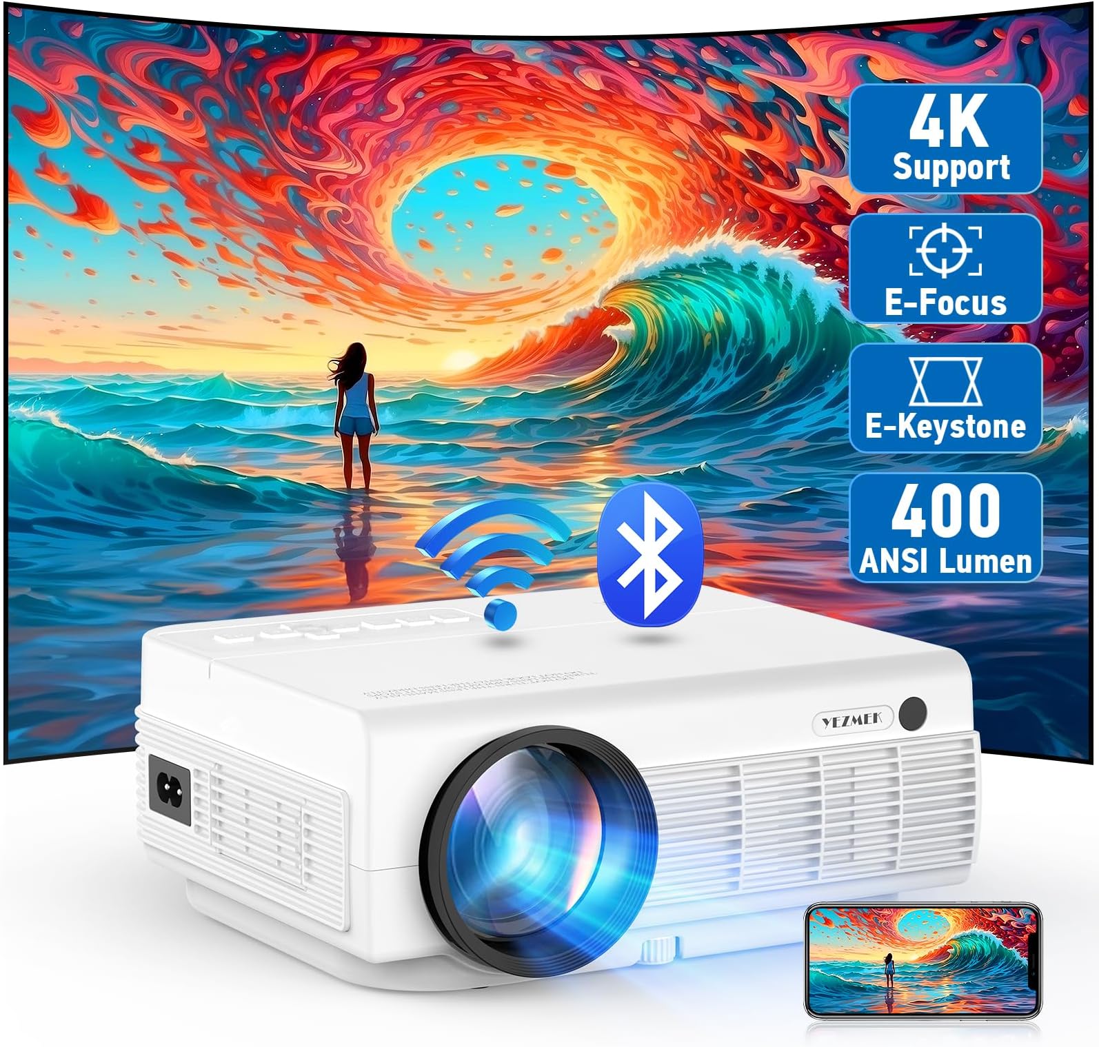 Projector with WiFi and Bluetooth [Electric Focus & Keystone] 4K Supported, Native 1080P 16000 Lux 5G Mini Portable Outdoor Movie Projector Compatible with TV Stick, Smartphone, Laptop, HDMI, USB