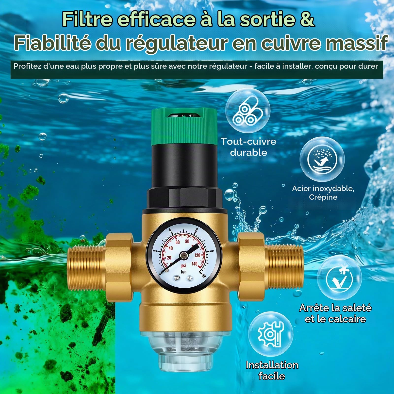 3/4 Pouce Reducteur de Pression Eau, Limiteur de Pression en Laiton Épaissi avec Manomètre et Filtre à Mailles, Régulateur de Pression d’Eau pour Maison, Bâtiment, Usine, Jardin, Chauffage Gaz