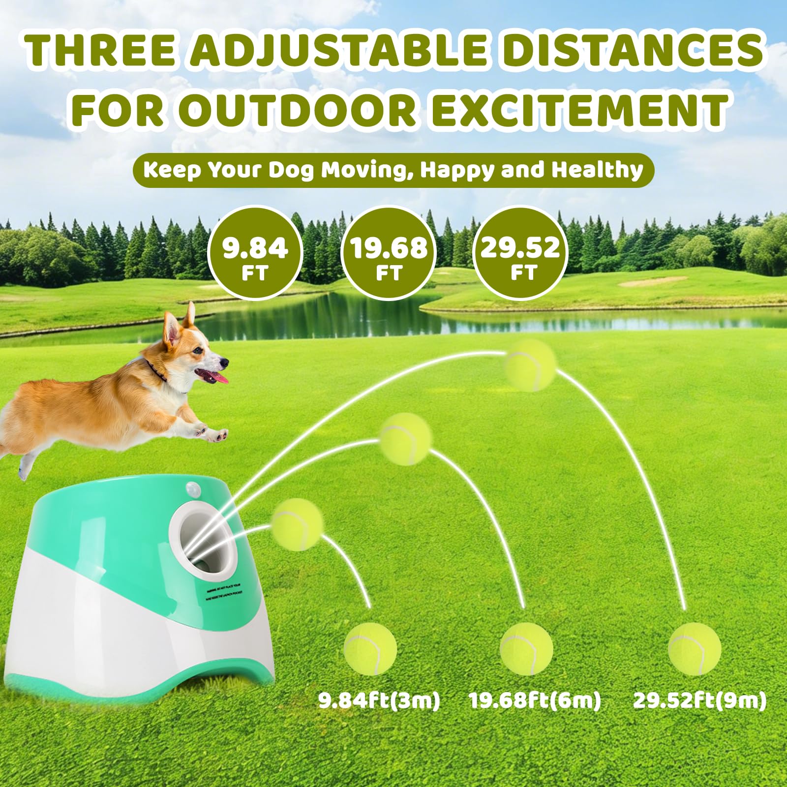 Lanceur de balles automatique pour chiens, lanceur de balles interactif pour chien avec 6 balles en ETPU de 5 cm, 3 paramètres de distance réglables (25 à 8 m), jouet d'entraînement pour intérieur et