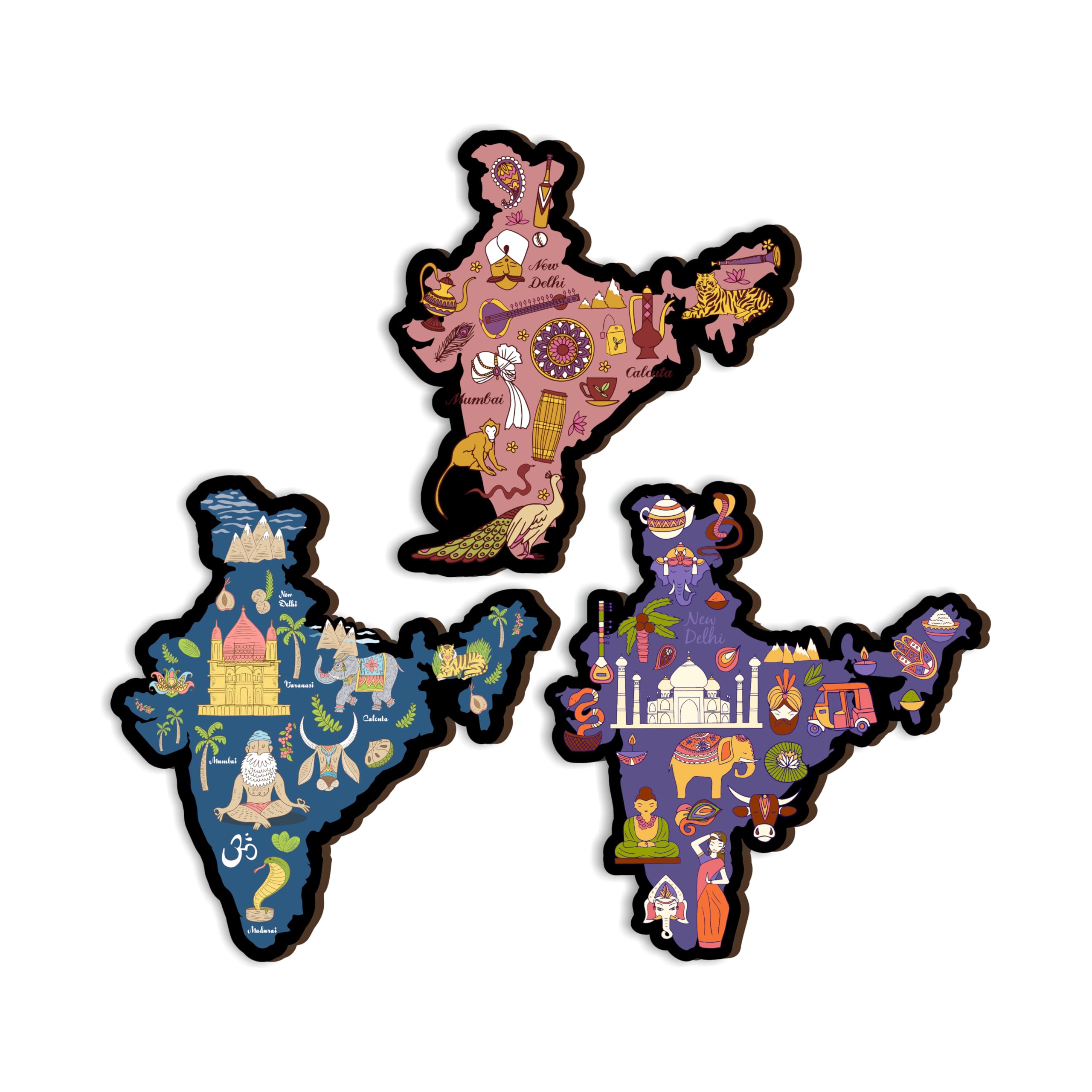Traditional India Maps Fridge Magnets- Set of 3 | Travel Souvenir | Refrigerator Magnet | Gifts | Decorative Items for Kitchen Fridge Magnets Set | Multicolor (FM_80)