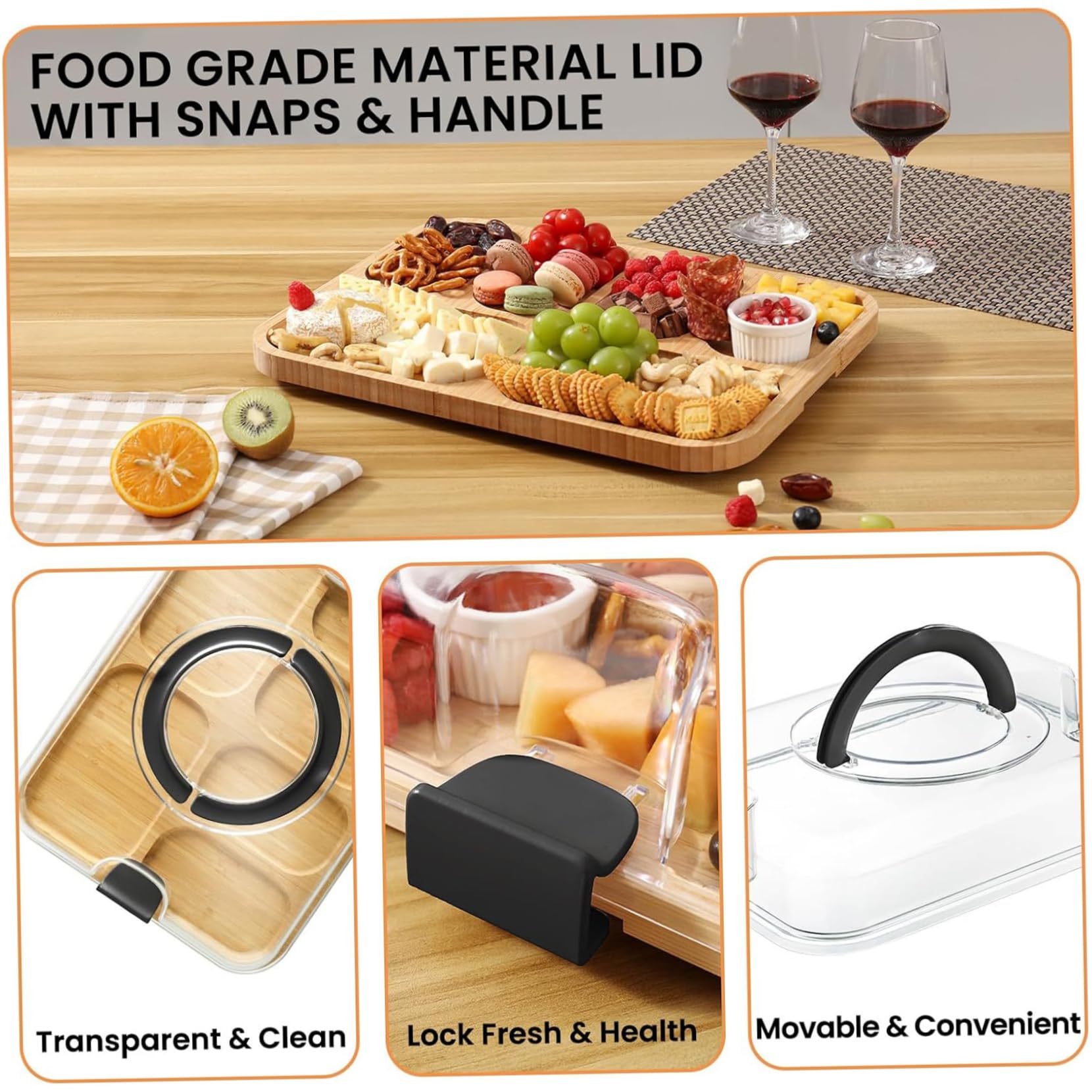 Tablas para Embutidos con Tapa, Tabla para Embutidos con Tapa, Tablas de bambú con Asas Transparentes, Bandeja para Servir de 6 Compartimentos para Cocina, Aperitivos, Tabla
