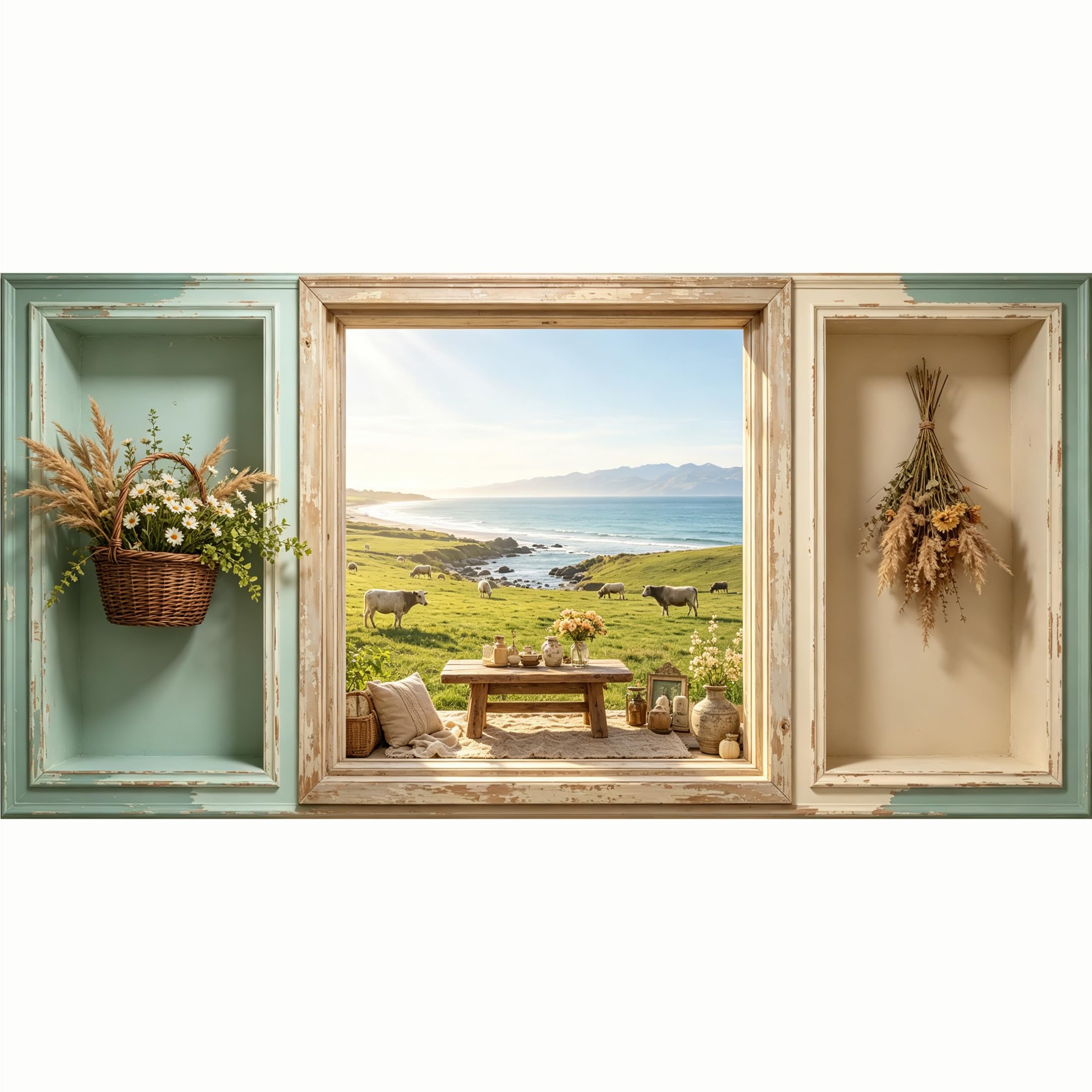 QZLITHOTIC 50x100cm 3D Framed Wall Art， Farmhouse Coastal Landscape Sheep Grazing Meadow Window View Self‑Adhesive Mural， Water‑Activated Peel & Stick Fabric Decor Wall Decal for Bedroom Living Room