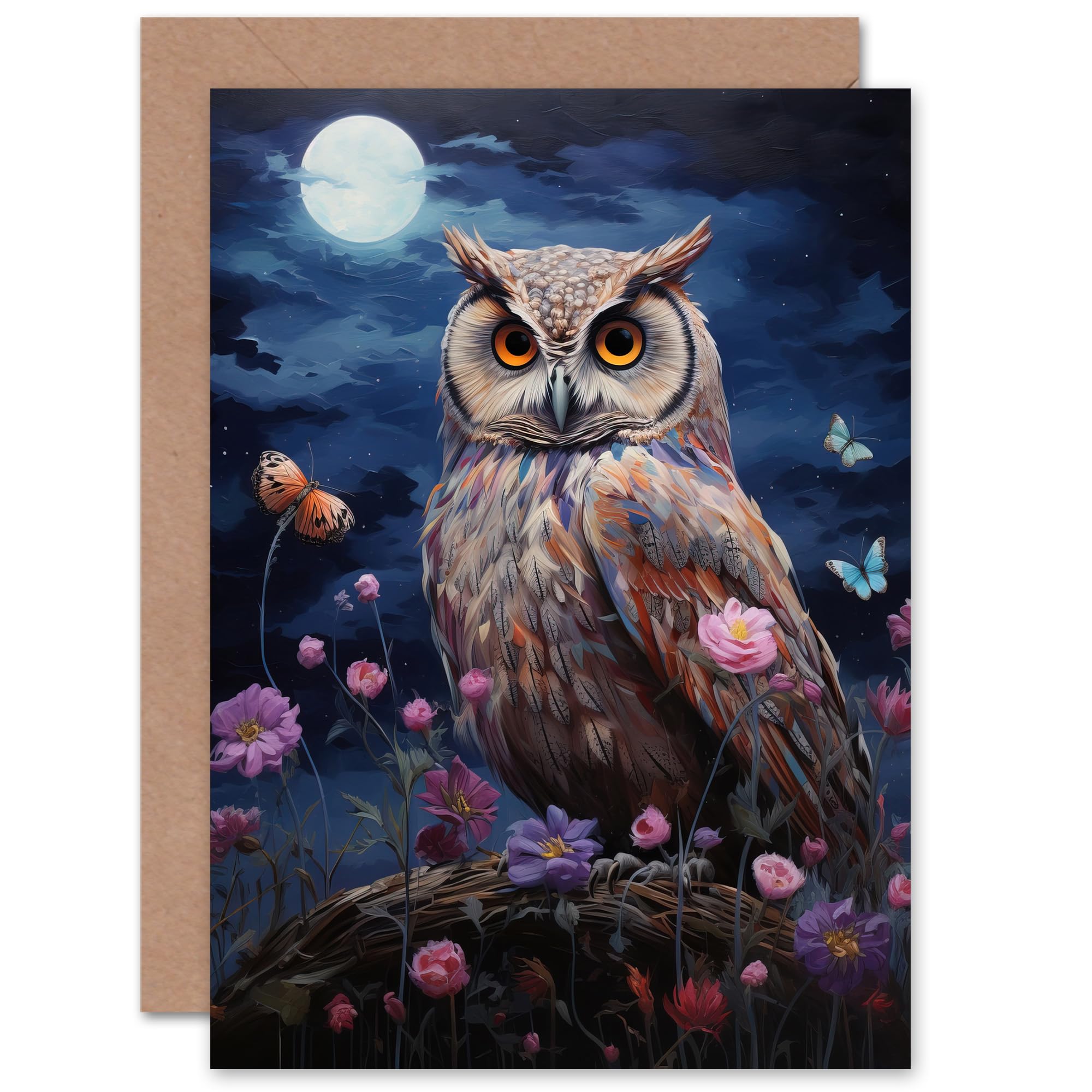 Artery8 Owl Full Moon in Spring Meadow With Wildflowers for Him or Her Man Woman Birthday Thank You Congratulations Blank Art Greeting Card