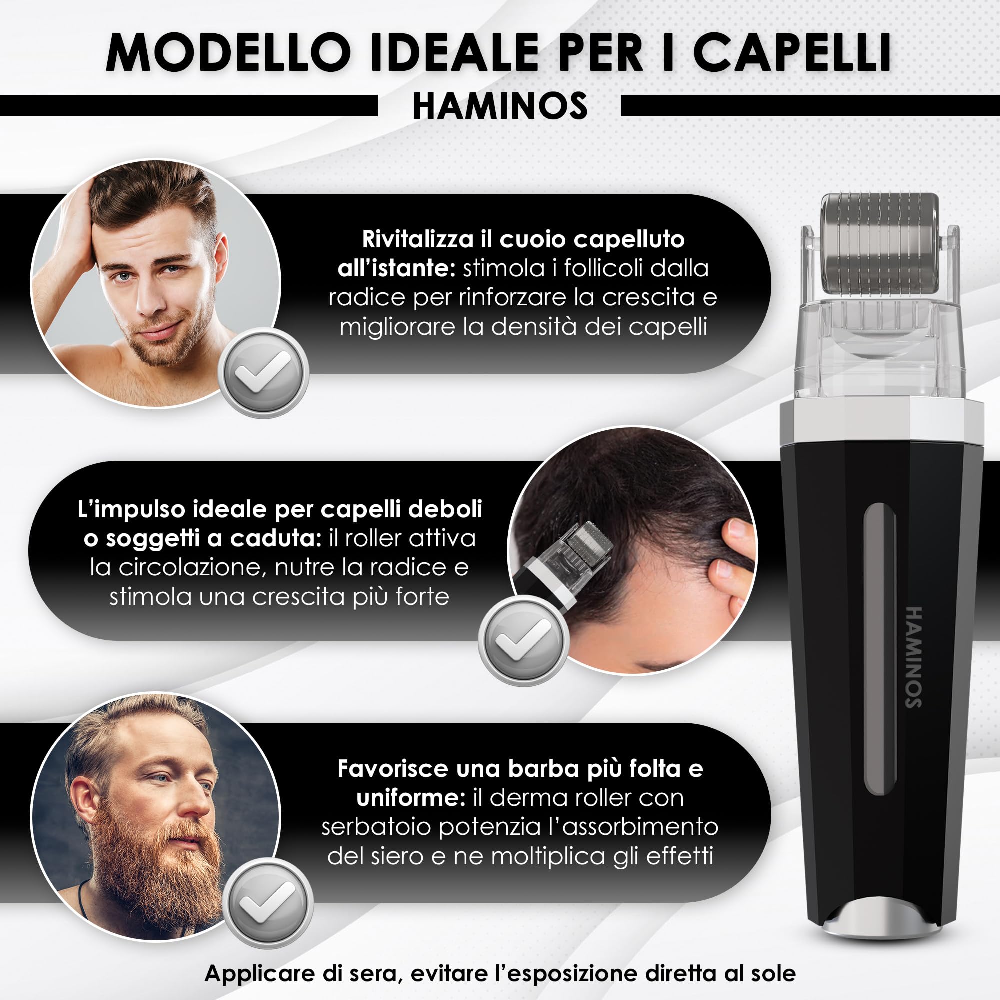HAMINOS Derma roller 0,5 mm 3.0 con Serbatoio per Capelli, Barba, Pelle, Rughe, Smagliature, Iperpigmentazione APPLICAZIONE DEL SIERO ISTANTANEO, 520 aghi in titanio