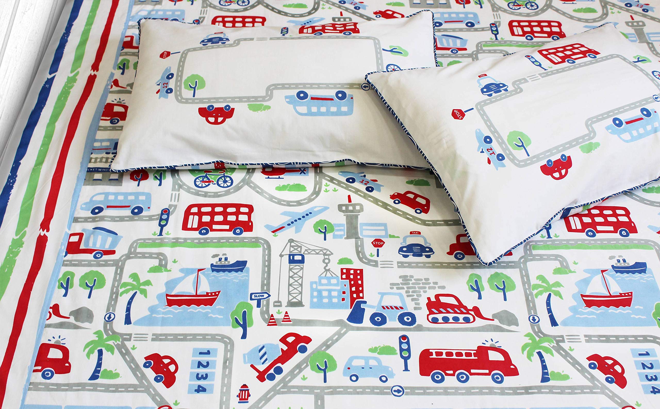 Silverlinen Busy Streets 100% Cotton 250 TC Double Bedsheet for Kids Room for Boys with Two Pillow Covers - Multicolour