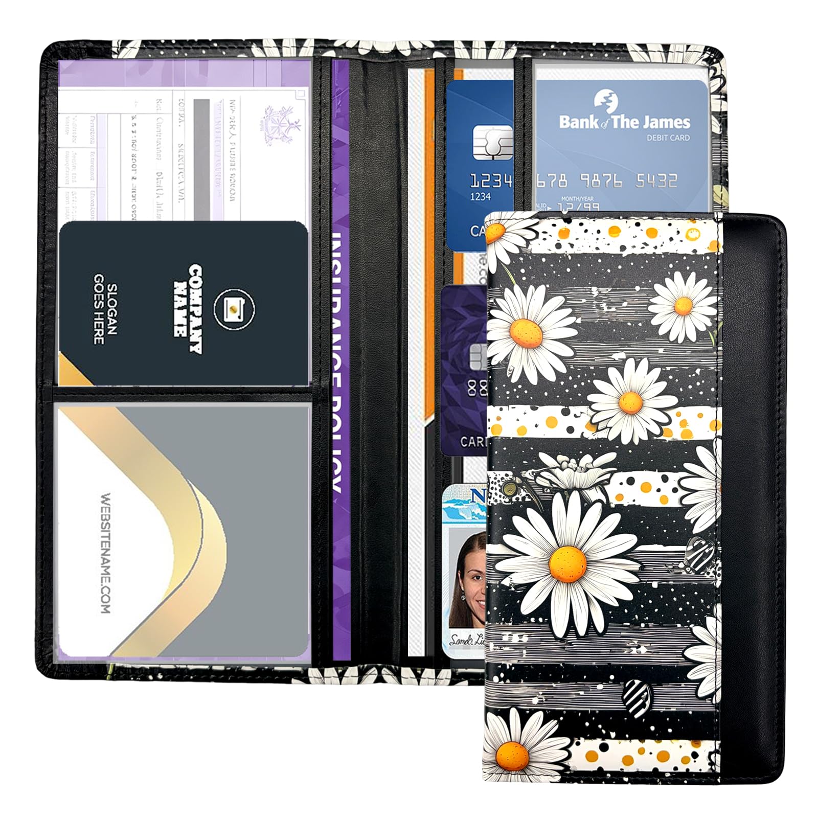 Porte-documents universel pour carte grise et assurance avec fermeture magnétique, pour ranger les cartes d'assurance et la boîte à gants (marguerite)