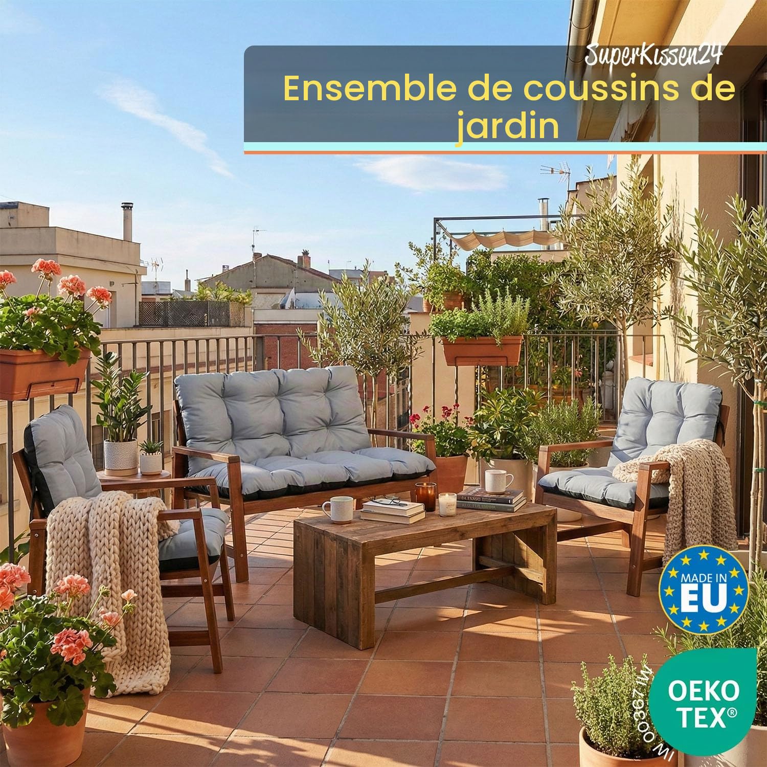 SuperKissen24. Coussin Dossier pour Banc de Jardin Canapé - 120x50 cm et Appui 120x60 cm + 2X 48x96 cm Coussin de Chaise Longue - Bain de Soleil - Intérieur/Extérieur - Imperméable - Exotic