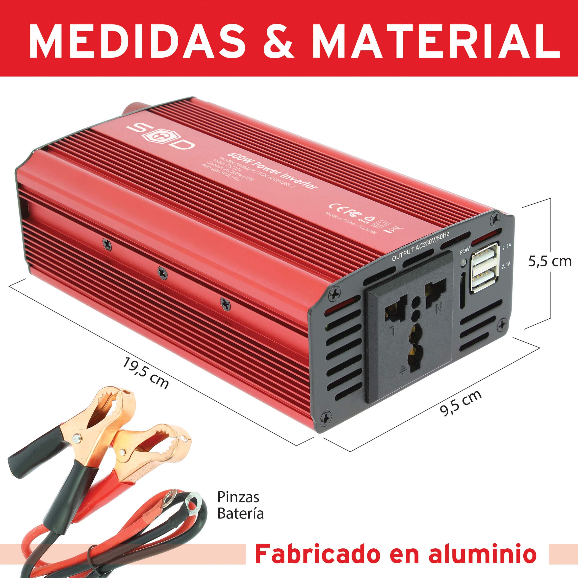 S SUMEX PIN600W Convertidor Inversor Coche 600W / 1200W, Corriente DC 12V 230V con 2 Puertos USB 5V 2.1 A. Onda Pura, Toma AC para Portatil, Movil, TV, Tablet