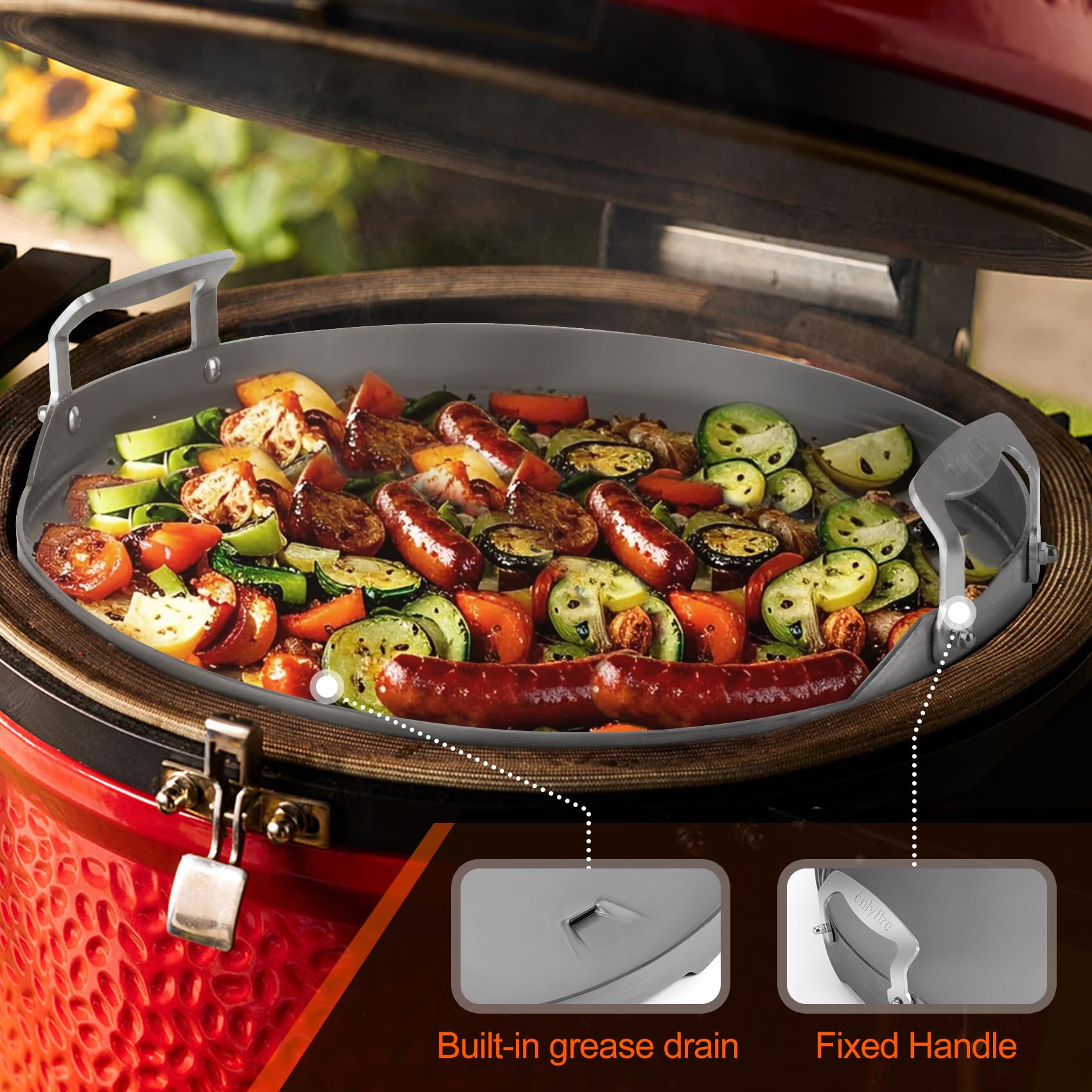 Onlyfire Flat Top Piastra per Griglia in Acciaio per Kamado Joe Classic, Inserto per Piastra con Manico Staccabile per Large Big Green Egg e Altri Grill in Ceramica di Dimensioni Simili