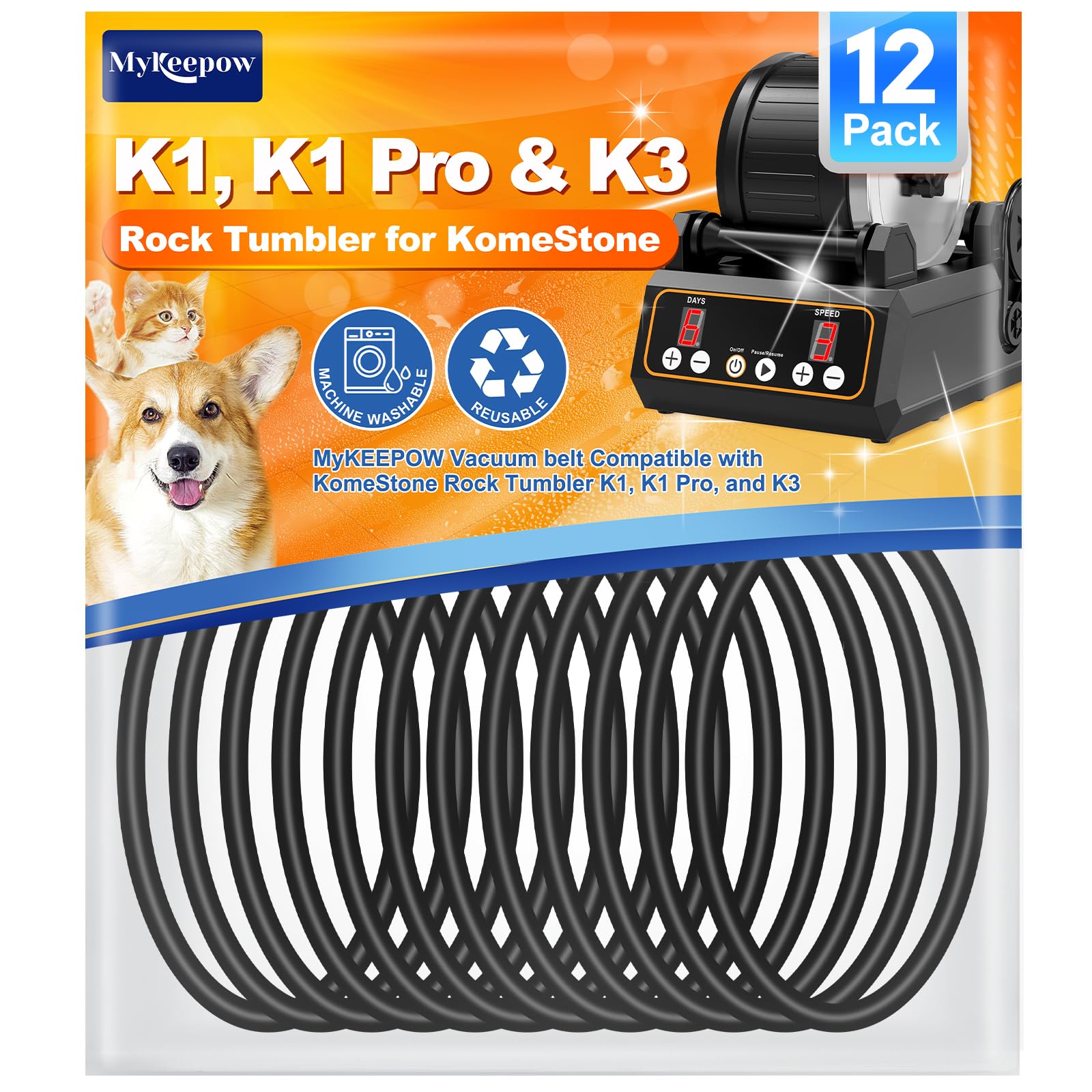 MyKEEPOW Rock Tumbler Belts Compatible with KomeStone Rock Tumbler Model K1 & K1 Pro & K3, 12 Pack (Not fit for K2 Elite Rock Tumbler)