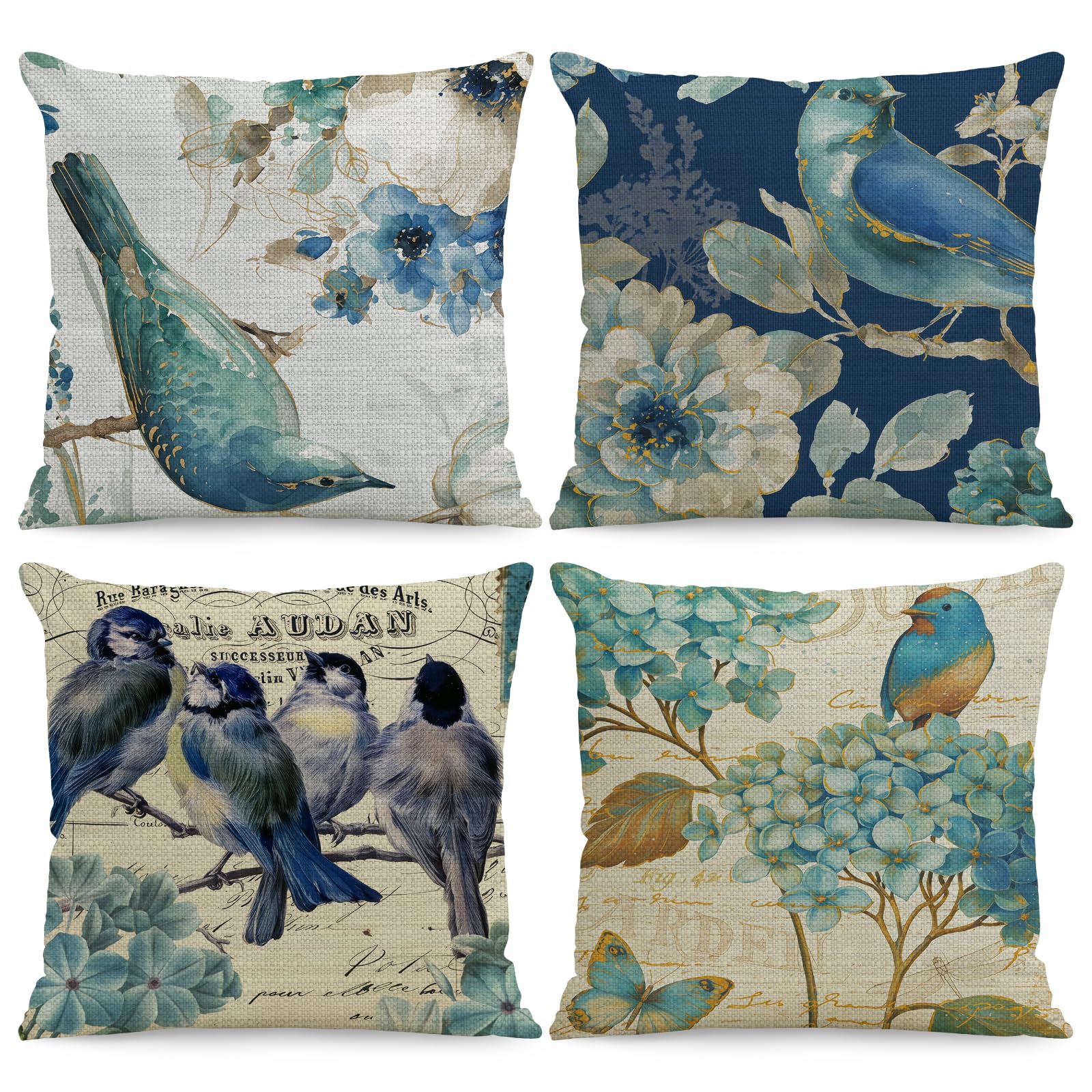 BREASOME 4-Pack 18x18 Inch Floral and Bird Throw Pillow Covers - Artistic Botanical Print Decorative Cushion Cases for