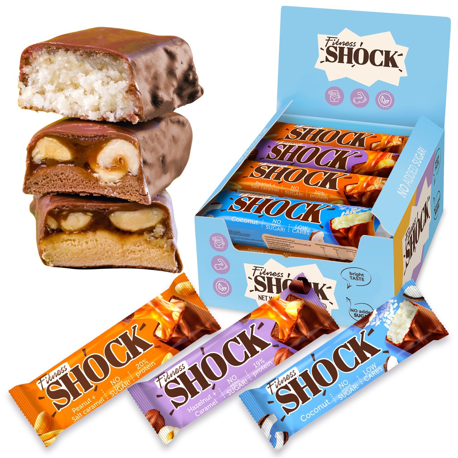 FitnesSHOCK Protein Bar 12pcs no added sugar, 20% protein, low carb (3,5g), rich in fibre, low calorie, 12-pack fitness chocolate bars mix box, palm oil free 12x50g