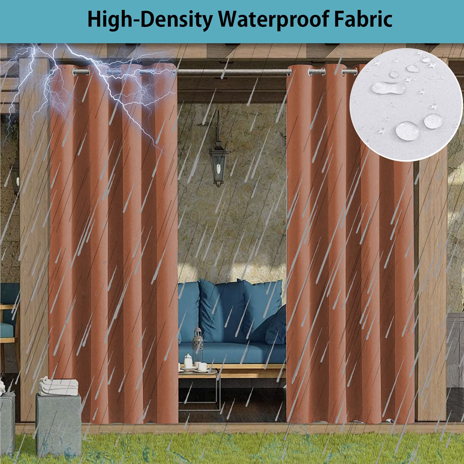 RDJSHOP Rideaux Imperméable D'extérieur, 2 Pièces Rideau Occultant avec Oeillet Rideau Isolant Thermiques pour Pergola, Porche Avant, Cabanon, Gazebo, Chambre,Orange-213x241cm(WxH)