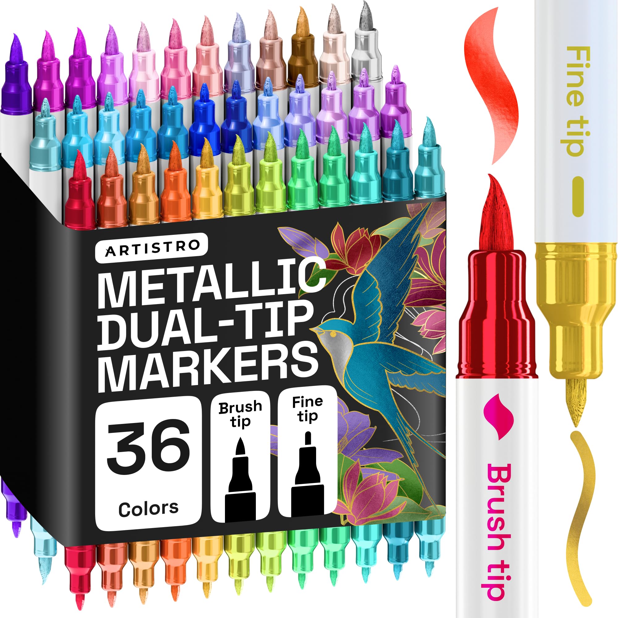 ARTISTRO 36 Metallic Dual-Tip Acrylic Paint Marker Pens for Drawing