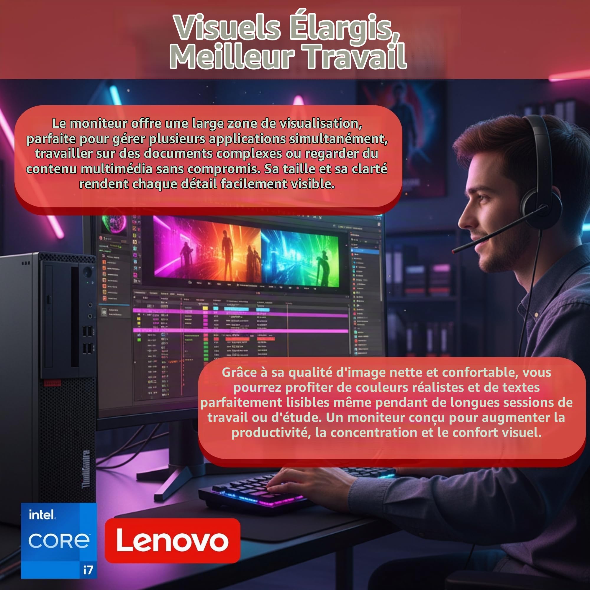 Lenovo Station de Bureau complète avec processeur Intel Core i7 jusqu'à 4,70 GHz, 16 Go de RAM, SSD de 2 to, écran Full HD 32 Pouces avec Audio intégré, Wi-FI, Windows 11 Essential et Casque stéréo.