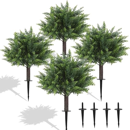 Árboles topiarios artificiales de ciprés de 24.5 pulgadas con tronco de madera realista y hojas sintéticas resistentes a los rayos UV, juego de 4