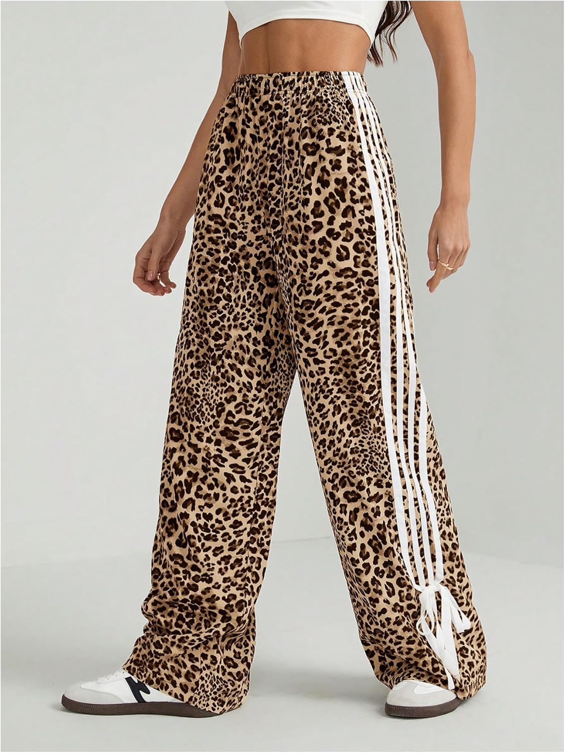 GORGLITTER Women's Leopard Cheetah Baggy Pants Bow High Waisted Wide Leg Trousers