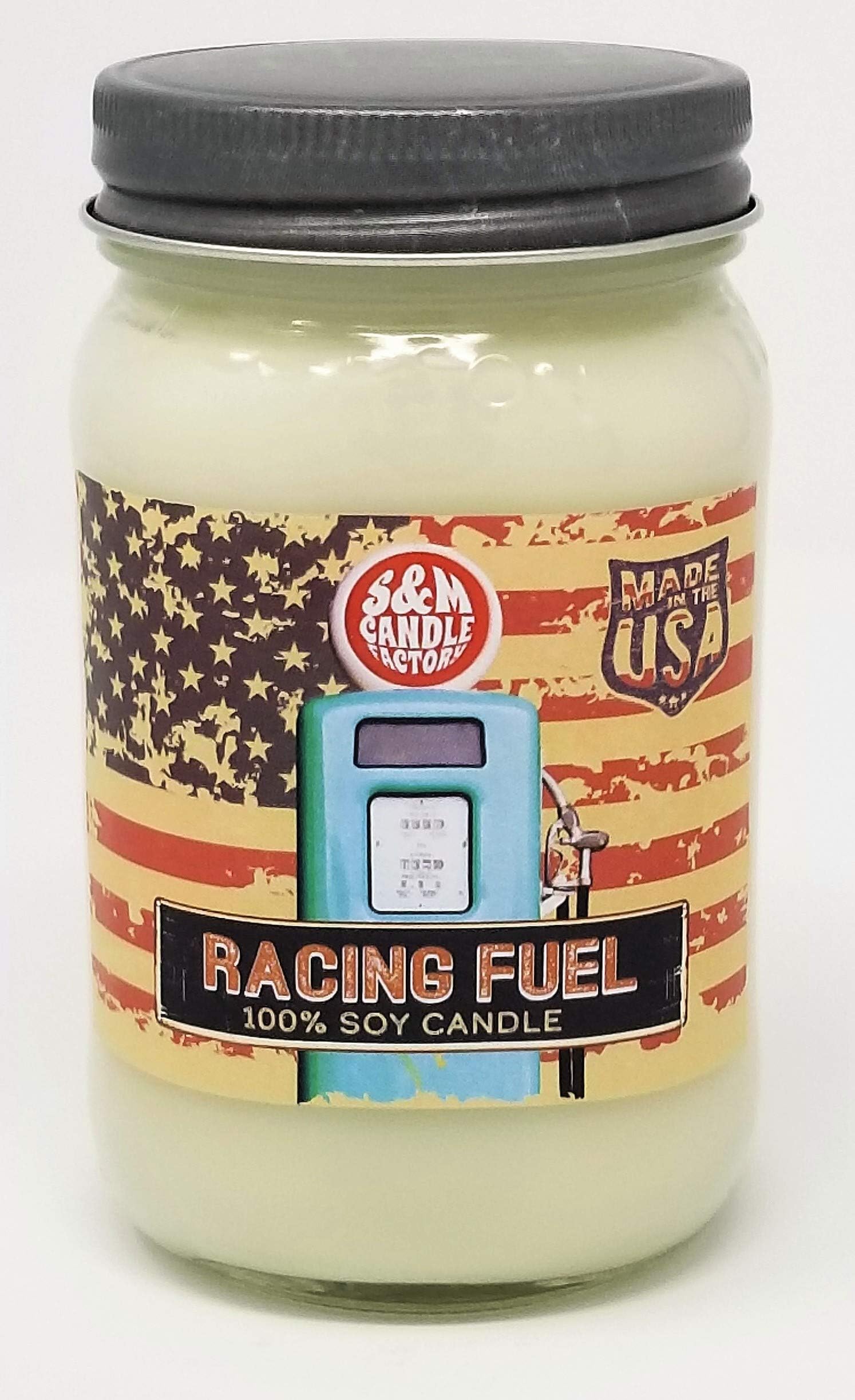 Racing Fuel Candle ~ Gas/Gasoline Type Scent ~ 16oz Mason Jar Soy Candle~ 100 Hour Burn Time ~ Non-Toxic ~ Made in USA by S&M Candle Factory (16oz White)
