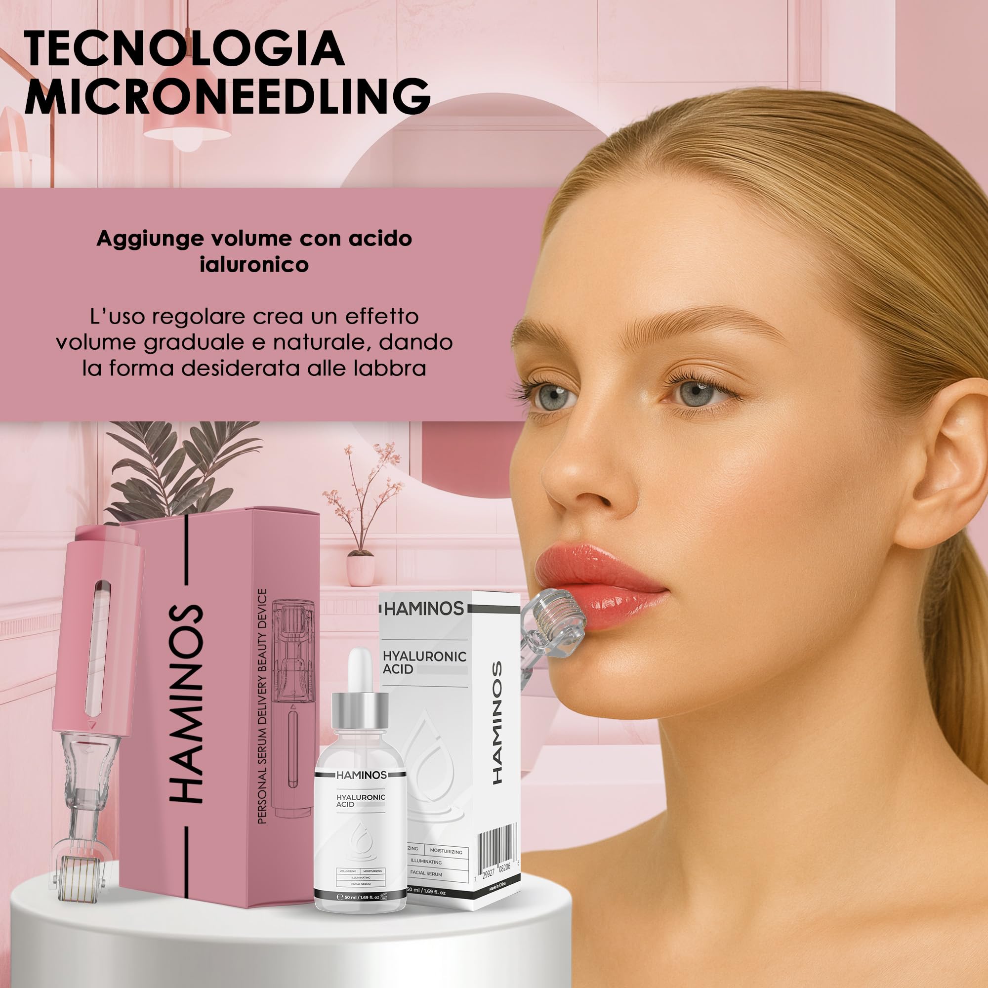 HAMINOS Derma Roller 0,25 mm con Siero Acido Ialuronico per Donne, Microneedle Roller con Serbatoio, Applicatore Siero per Labbra Idratate, Lisce e dall’Aspetto Più Voluminoso
