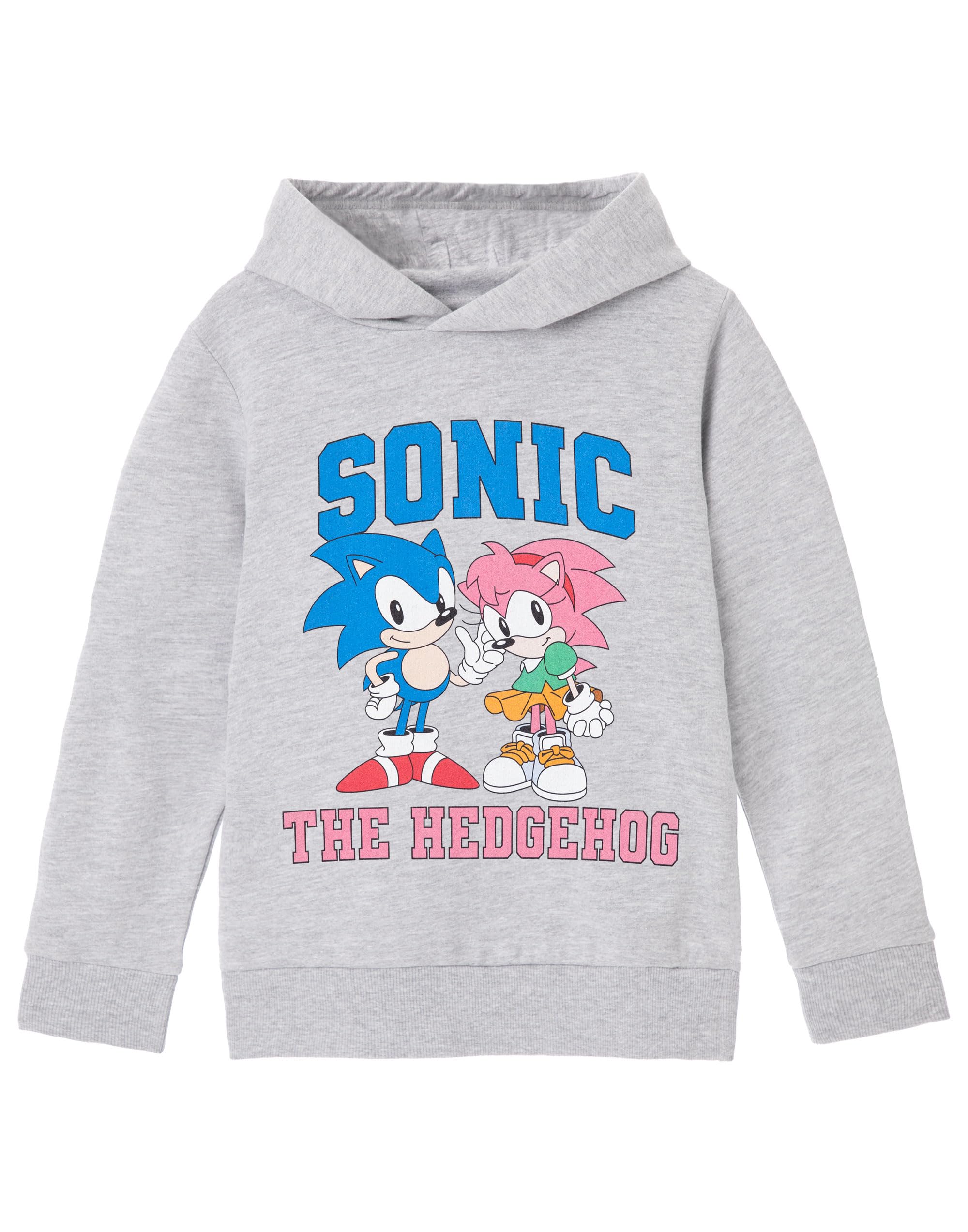 Sonic The Hedgehog Girls Hoodie | Kids Collegiate Sonic and Amy Fashion Graphic Hooded Sweatshirt | Cosy Grey Apparel Hoody for Gamers | Game Movie Merchandise Gift for Children
