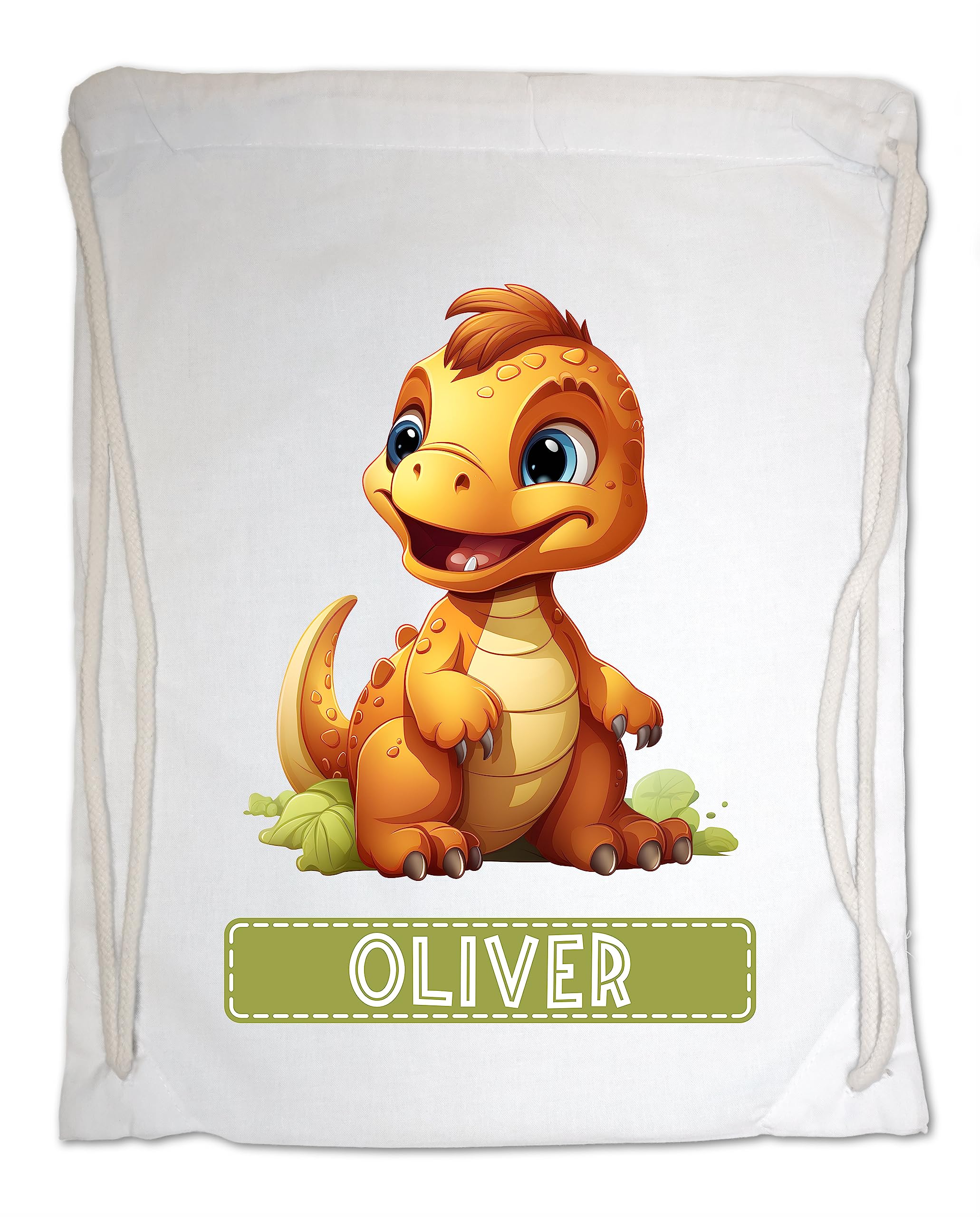 Kids Gym Bag. Personalised Any Name Cute Baby Dinosaur Swimming PE School Travel Drawstring Bag (White)