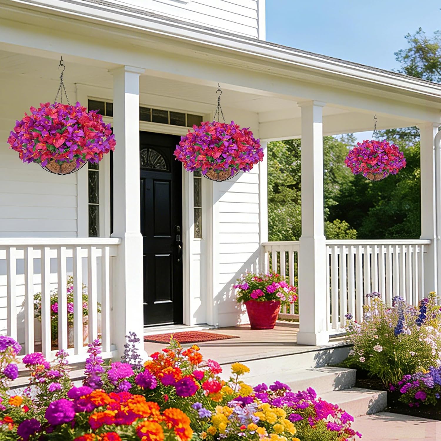 Artificial Fake Hanging Flowers Plants Basket for Outdoors, Faux Silk Bougainvillea in Planter UV Resistant Realistic Spring Summer Decoration for Outside Porch Patio Yard Home Decor (Purple Hotpink)