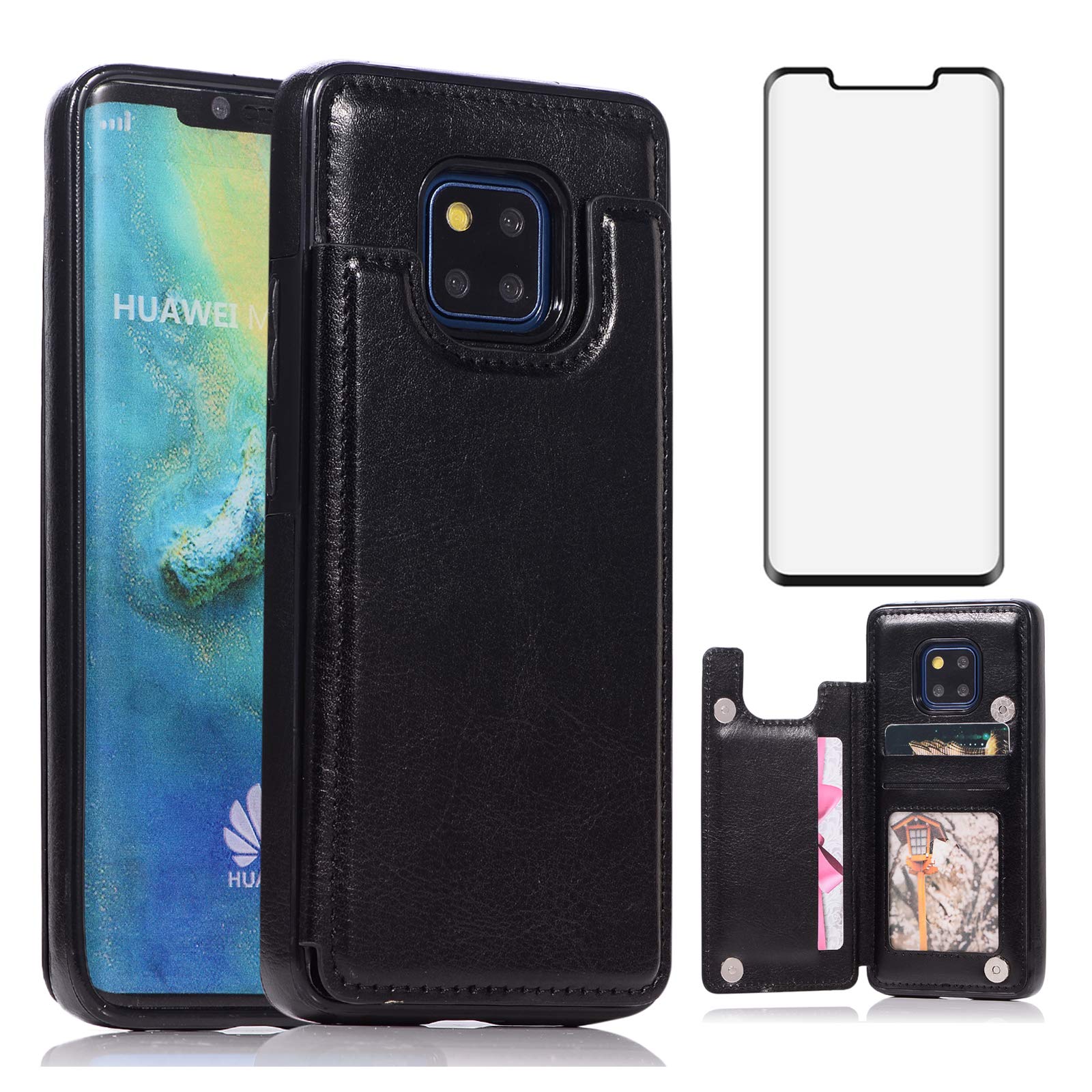 Asuwish Compatible with Huawei Mate 20 Pro Wallet Case Tempered Glass Screen Protector Card Holder Cover Stand Leather Flip Cell Accessories Phone Cases for Hawaii Mate20Pro Mate20 20Pro Women Black