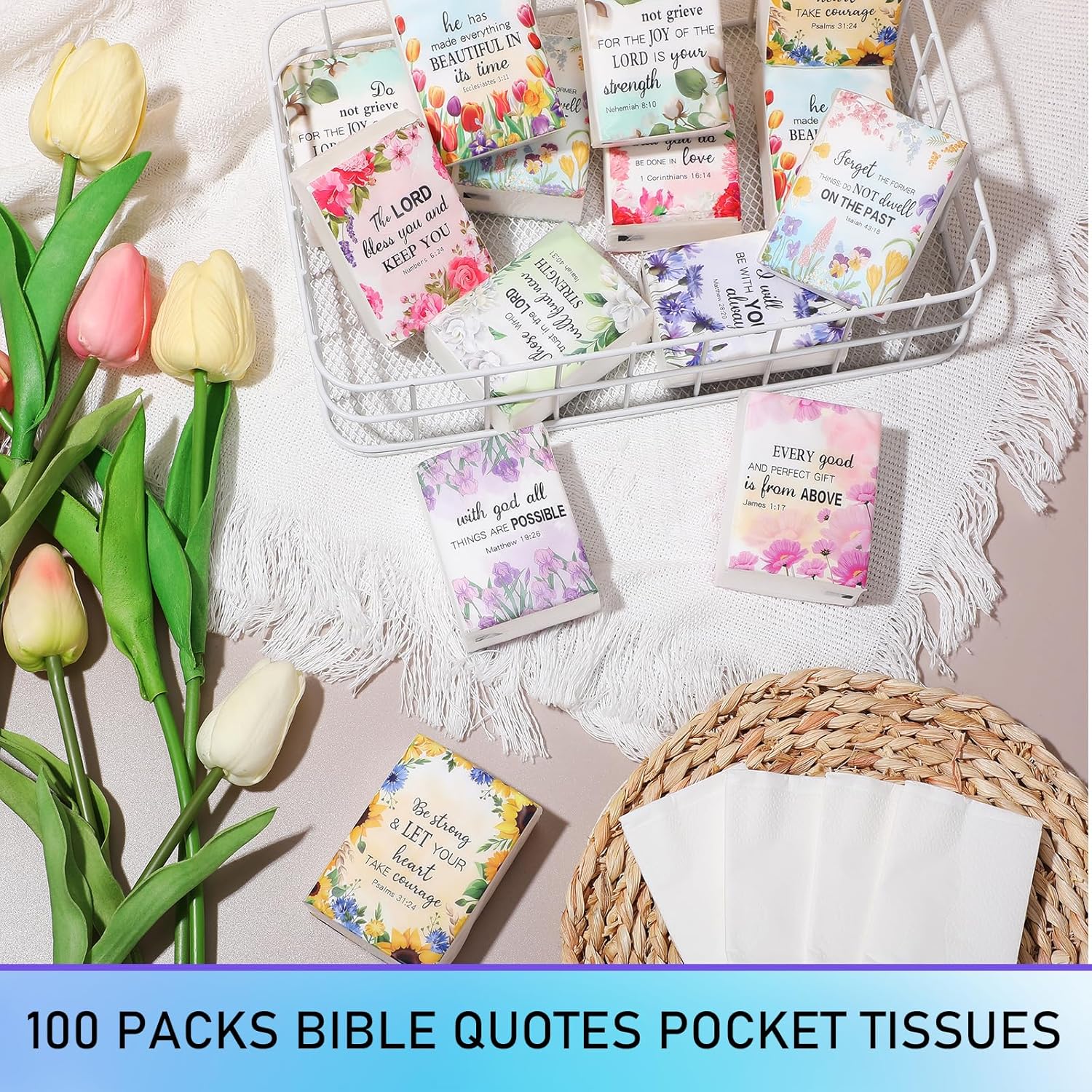 Colarr 100 Pcs Christian and Appreciation Pocket Tissues Travel Packs Gifts Bulk 3 Ply Facial Tissues Individual Pack with Motivational Quotes for Wedding Church(Bible Verse)