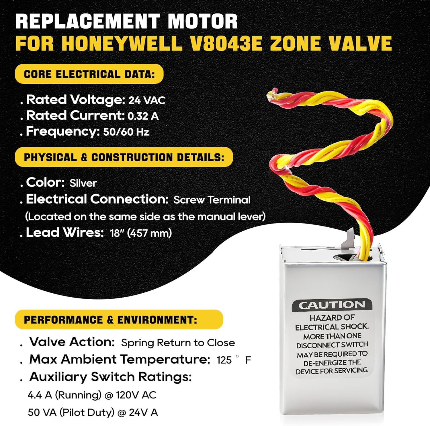 Zone Valve Compatible with Honeywell Zone Valve v8043e1012, 40003916-026 Power Replacement Head, 40004850-001 (Lid Model) 2-Way 4-Wire, Normally Closed 24Vac 50/60Hz 18" Leads with End Switch