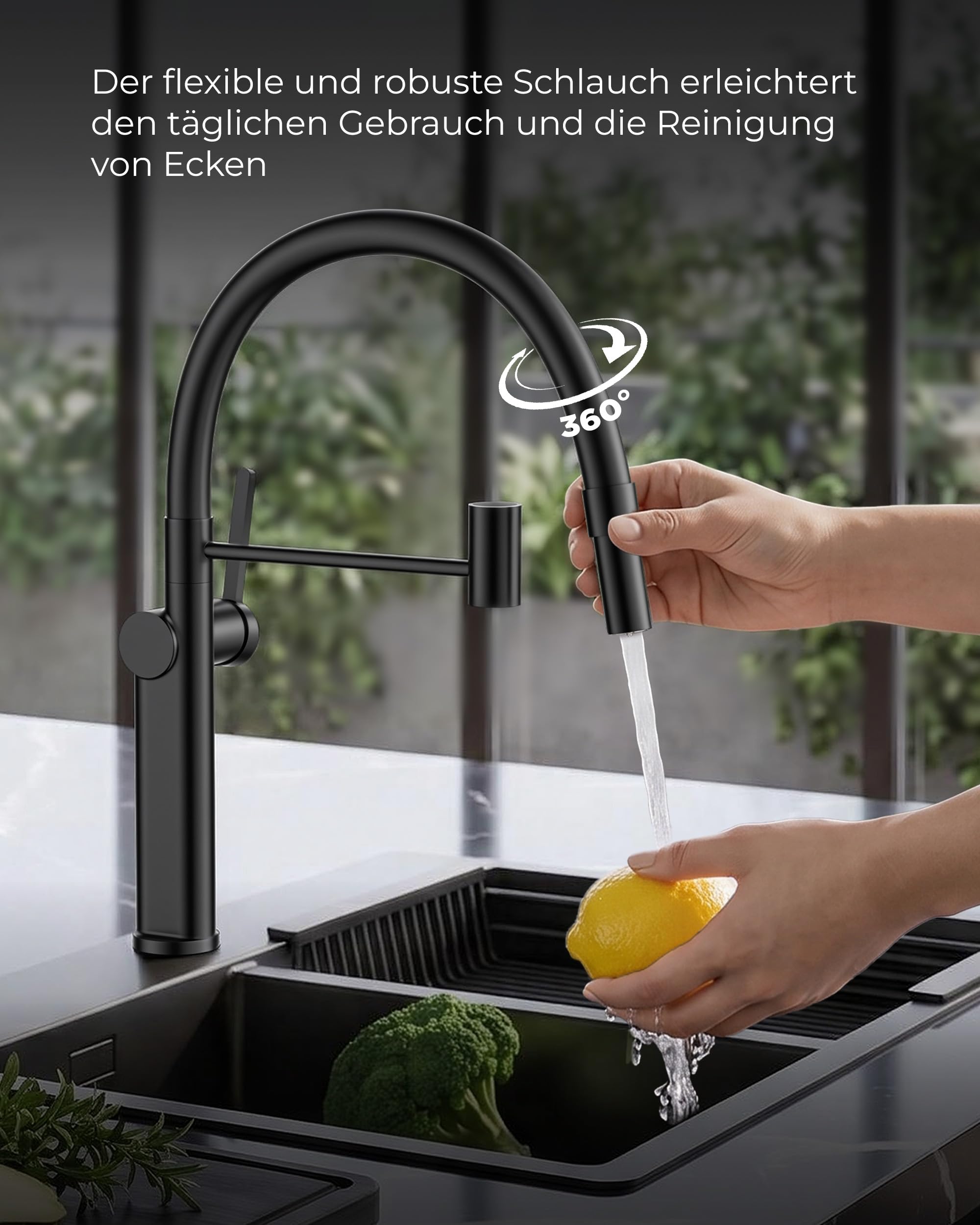 FORIOUS Wasserhahn Küche, Spültischarmatur Zwei Sprühmodi, 360° drehbarer Armatur Einhebel Warm und Kaltwasser Mischbatterie Spültischarmaturen，Matt Schwarz