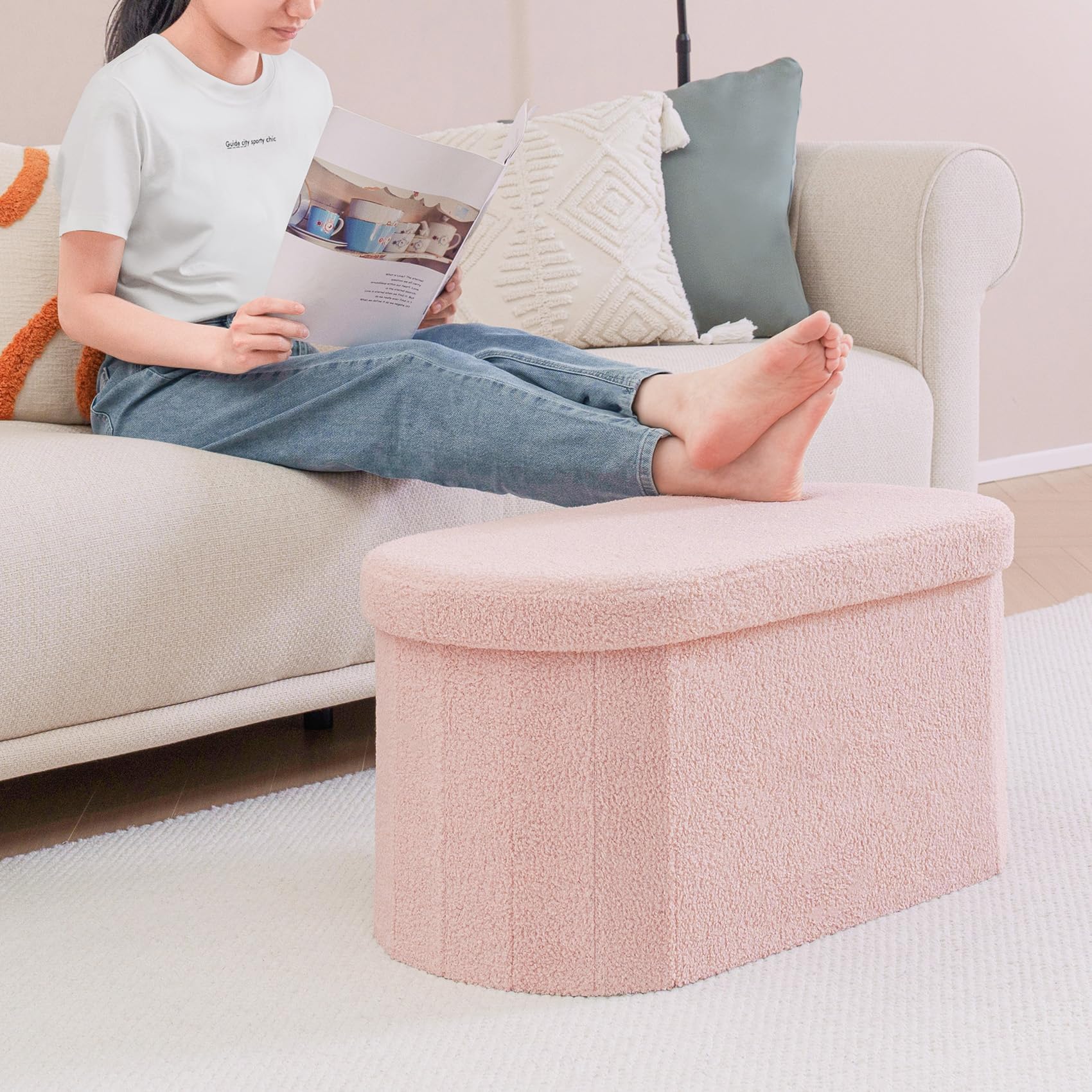 Bonlife Baúl Plegable,Puff Almacenaje, Taburete Reposapiés,Banco pie de Cama, para Sala de Estar, Dormitorio, Entrada, Rosa, Forma Ovalada,76x38x38 cm