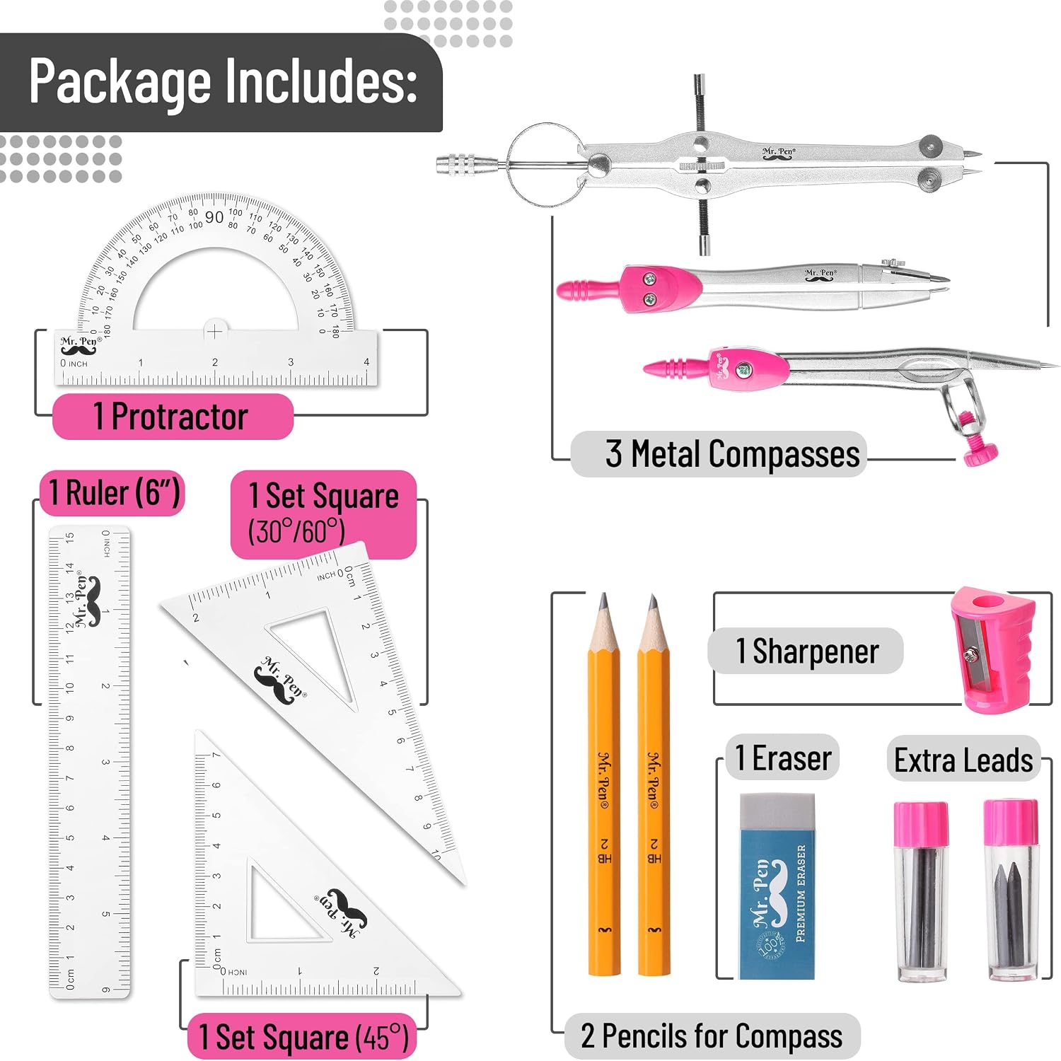 Mr. Pen- Geometry Set, 13 pcs, Compass for Geometry, Protractor Set, Geometry Kit Set with Shatterproof Storage Box, Geometry Kit, Drawing Tools, Drafting Set, Drafting Tools & Drafting Kits (Pink)